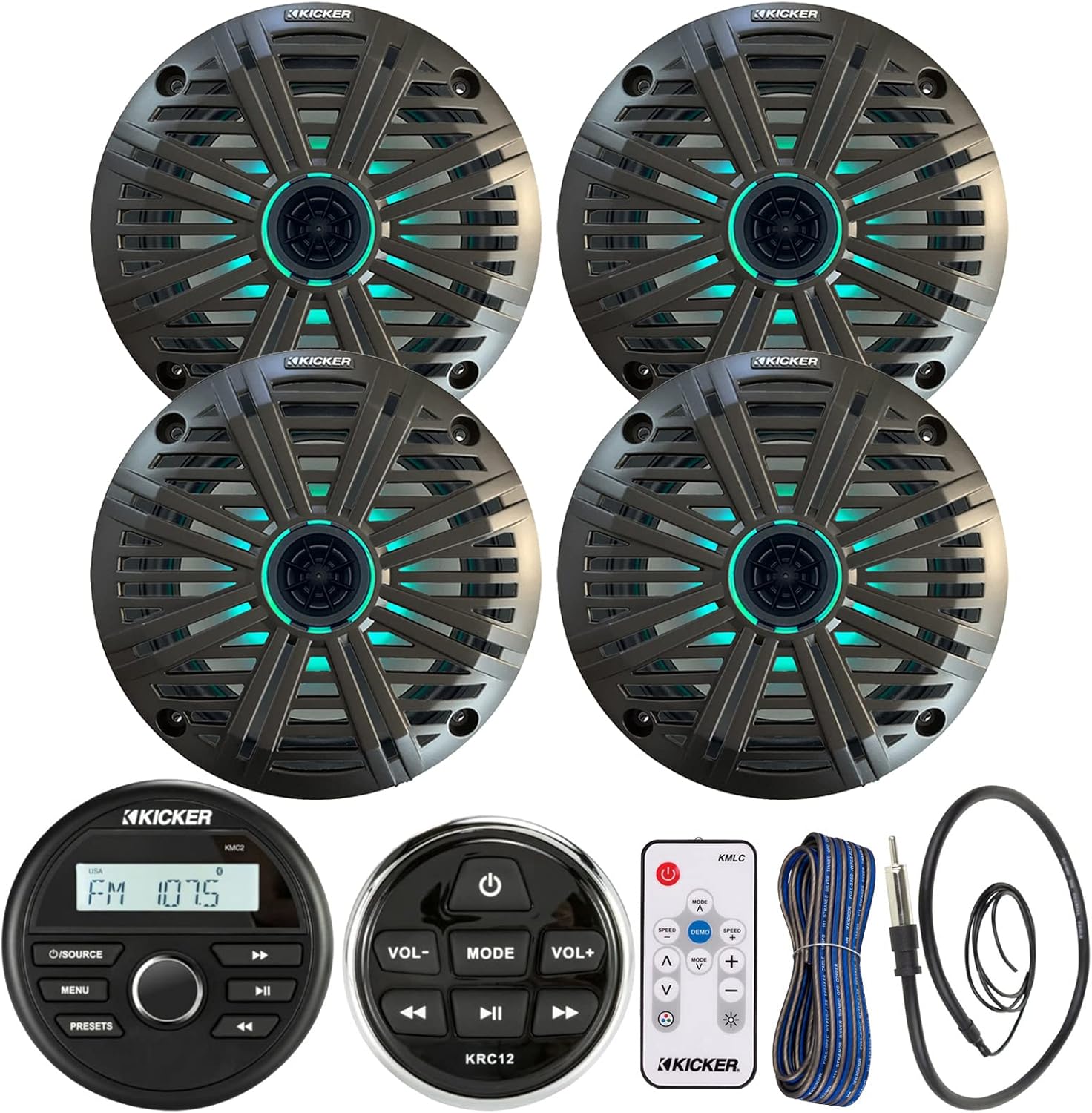 Kicker All-Weather Marine Gauge Style Bluetooth USB Stereo Receiver Bundle with Wired Remote, 4x 6.5