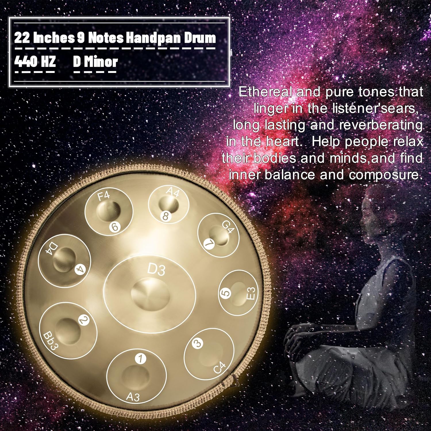 Handpan 22 inch D Minor Kurd Handpan 9 Notes Handpan Drum Instrument for Professional Performance, 440HZ Sound Handpan Drums for Adults