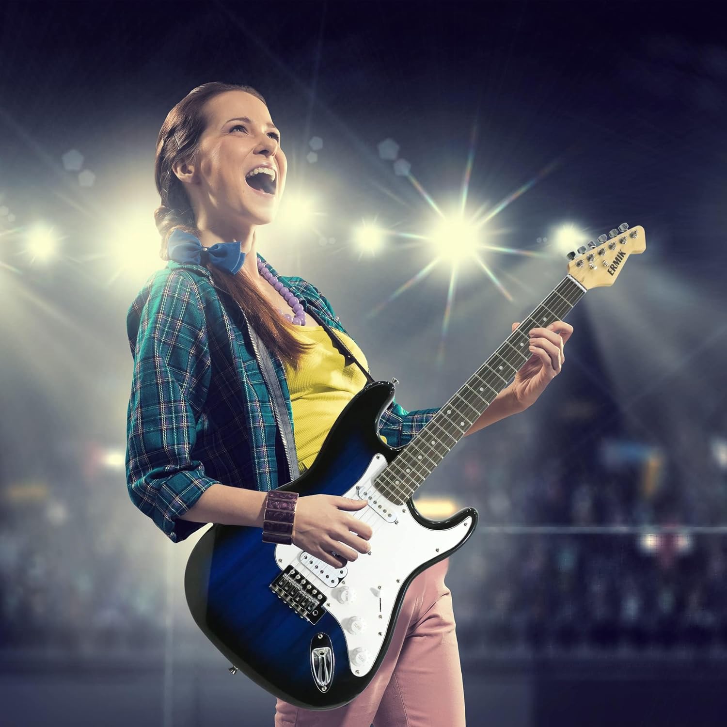 Ermik Soild Body Electric Guitar Kit with Amp 20W, Strings, Strap, Digital Tuner, Picks, Gig Bag, Cable, Tremolo Bar, 39