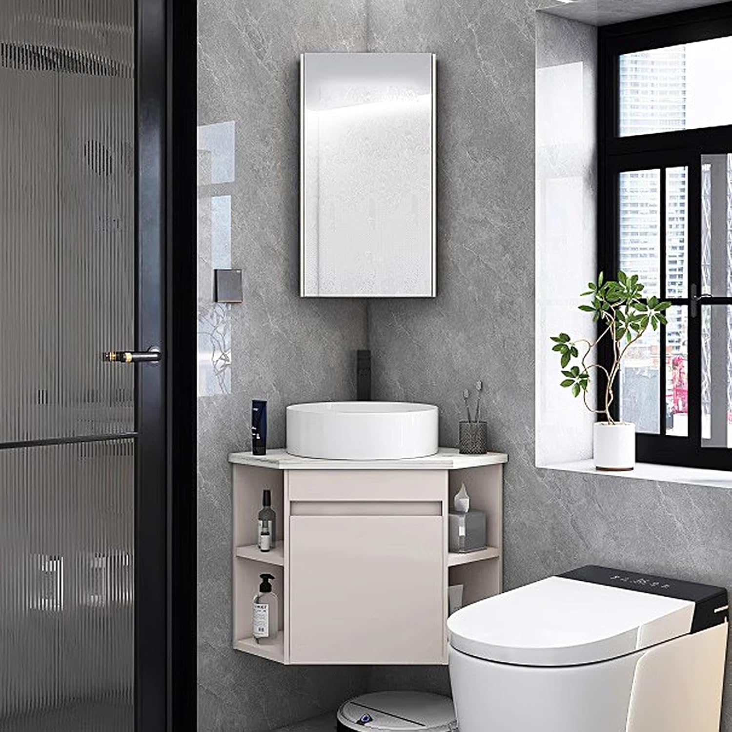 Corner Bathroom Vanity with Sink & Medicine cabinets, Wall Mount Corner Sinkwith PVC Cabinet, Pedestal Sink Set, Contain Hot and Cold Faucet, Drain, Console Sinks(56cm/22in)