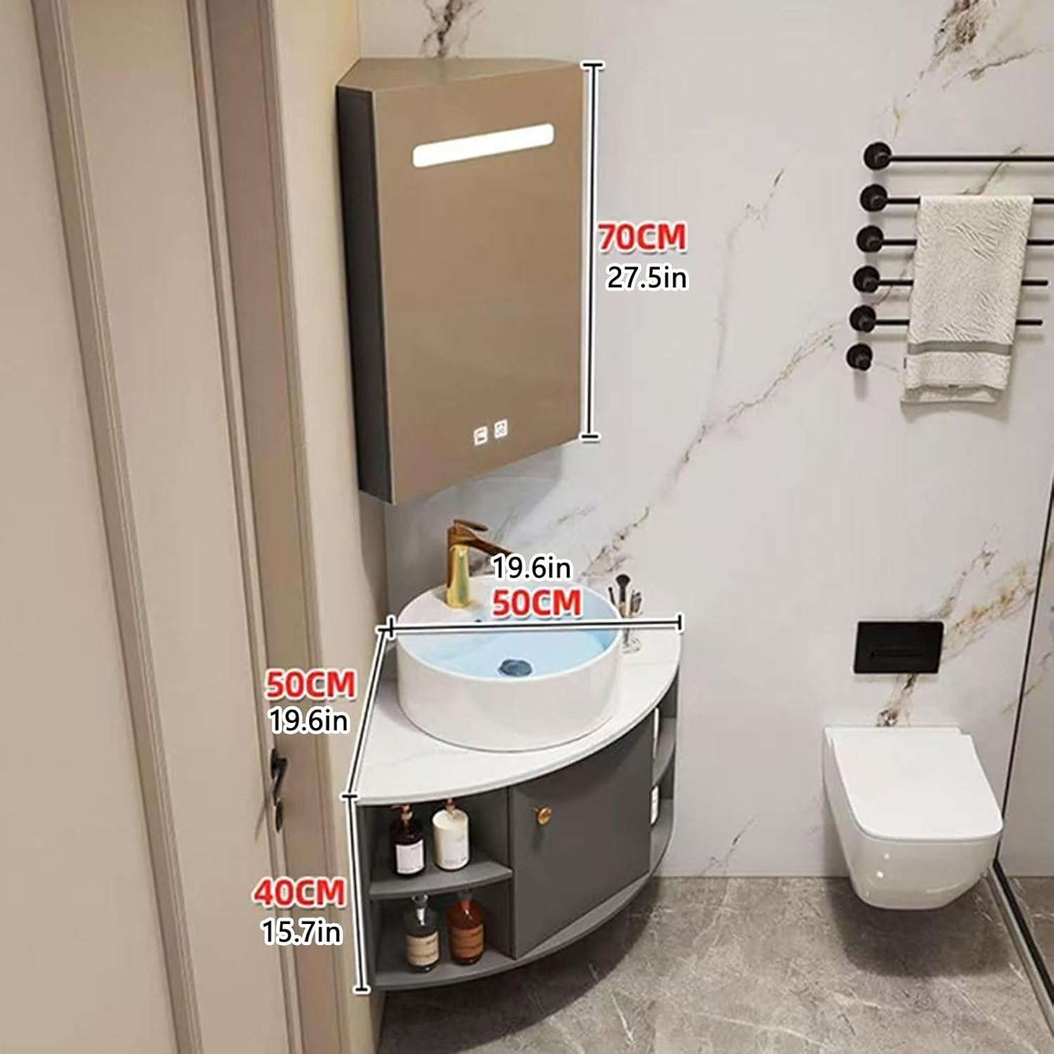 20 Inch Corner Sink, Corner Bathroom Sink, Corner Wall Mount Bathroom Sink, Corner Bathroom Vanity, Bathroom Sink with Storage Container and Mirror, Ceramic Sink(Gray)