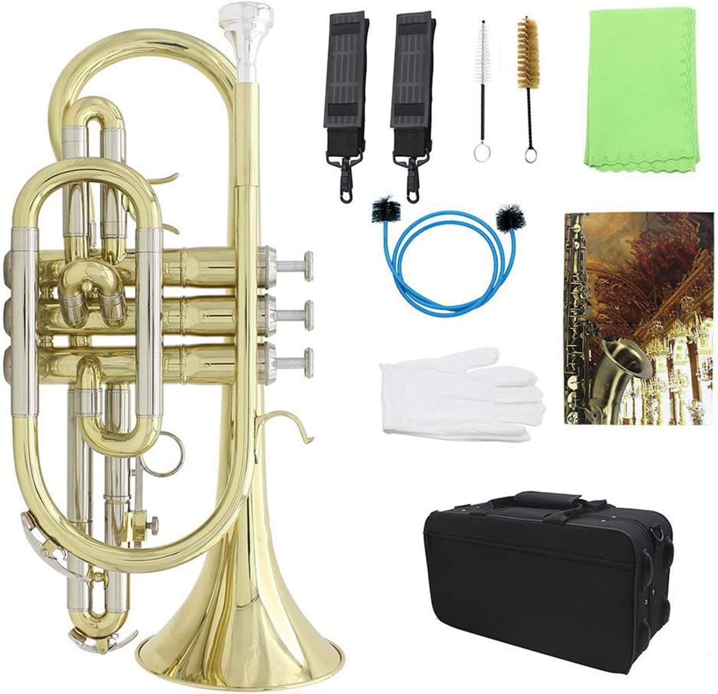 Trumpets Beginner Professional Cornet Brass Instrument with Carrying Case Gloves Cleaning Cloth Brushes Bb Flat Cornet Trumpet Set (Color : Gold)
