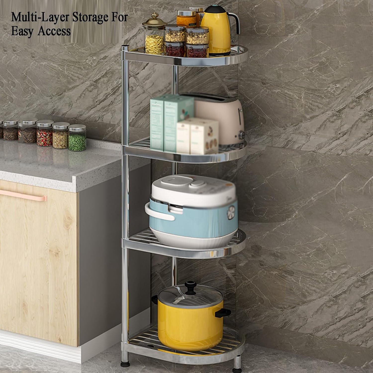 2/3/4 Tier Storage Rack, Adjustable Storage Rack, 2/3/4 Tier Corner Stainless Steel Rack for Entryway, Living Room, Narrow Space, Pantry, Bathroom(37 X 37 X 63cm) ()