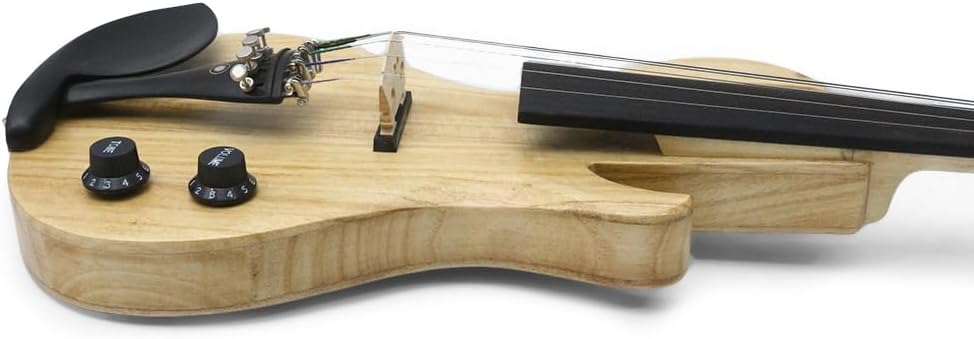 Electric Violin 4/4 Full Size Solid Wood Guitar Shape Body Silent Violin Set for Adults Beginner Practice Electric Fiddle with Ebony Fittings Hard Case & Bow (5 Strings log Color Big Jack)