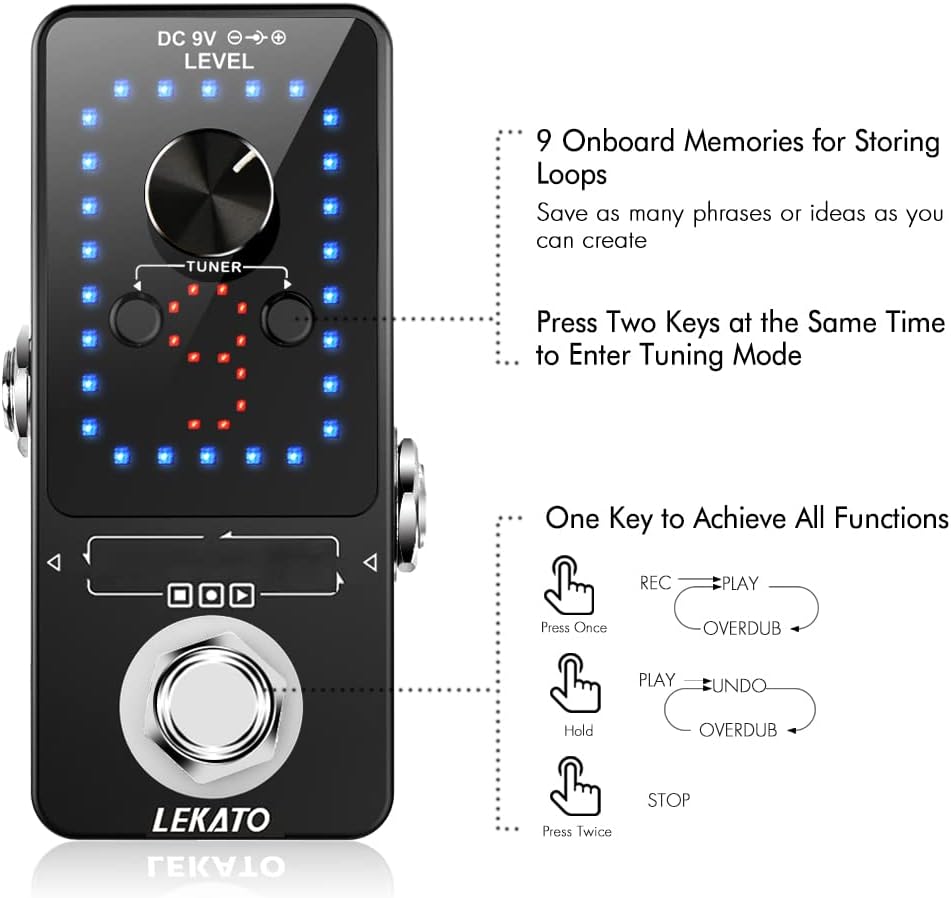 LEKATO Guitar Effect Pedal with External Pedal for Guitar Looper Pedal Tuner Switching, Function Loop Station Loops 9 Loops 40 minutes Record Time, Perfect Collection for Electric Guitar Bass