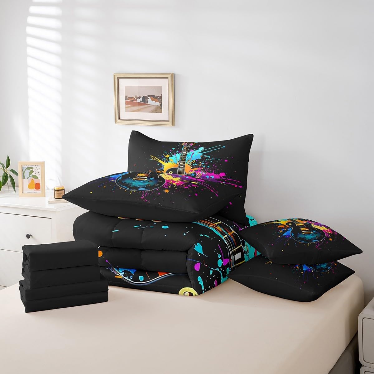Feelyou Rock Music Bass Comforter Set 7 Piece Queen Size Kids Boys Girls Bedding Queen Comforter Set Guitar Bedding Set Soft Microfiber Bed Set with Sheets Pillowcase and Pillow Covers