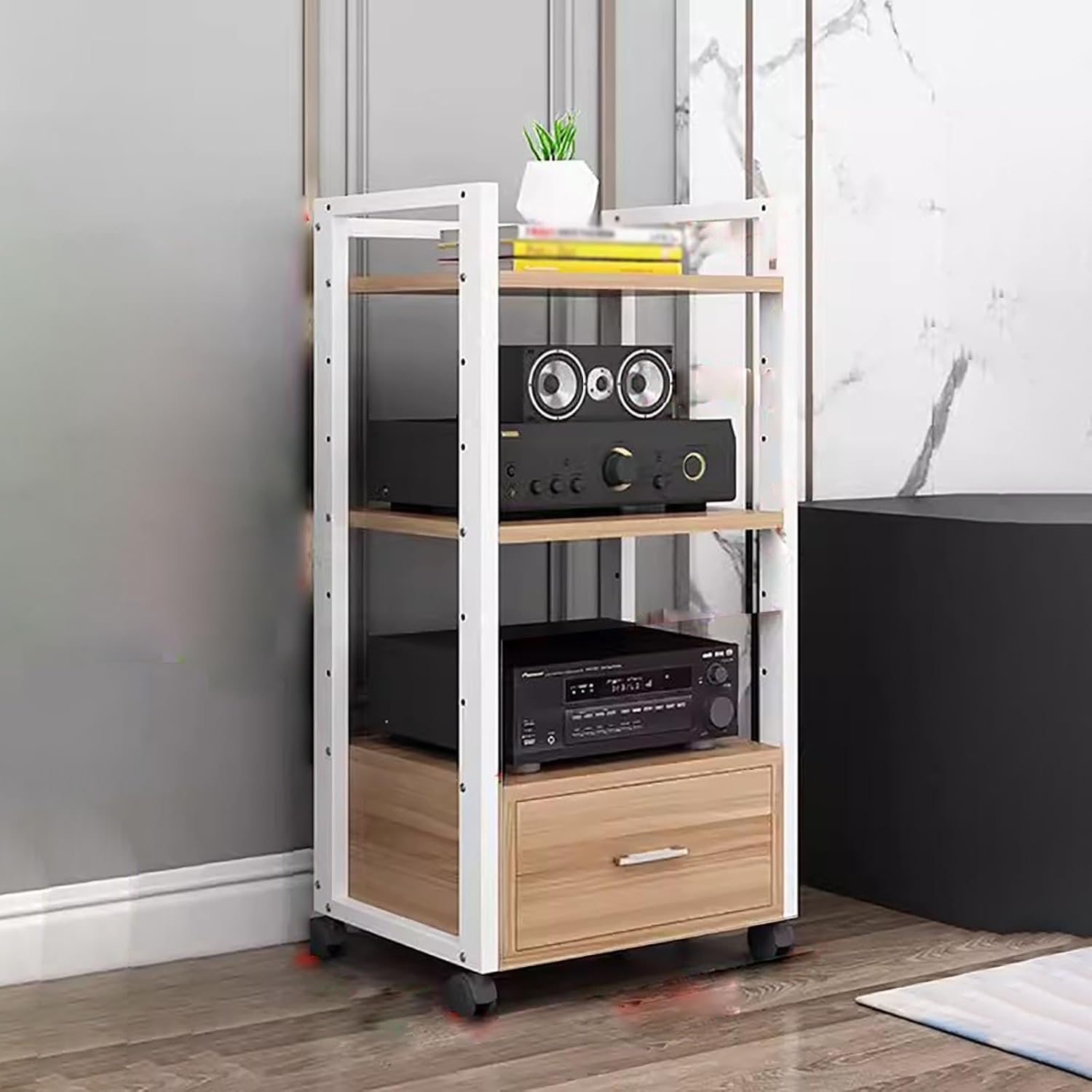 3/4/5-Tier Record Player Console - Freestanding Av Media Stand Corner Shelf Rolling - Audio Rack Stand Tower for DVD Players, Game Console - Easy to Assemble,White-3 Tiers-100cm Tall