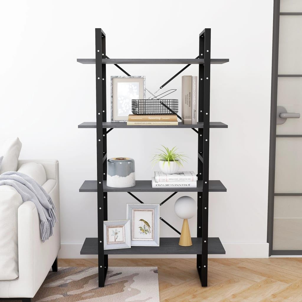 Grey Solid Pine Wood Book Cabinet, 4-Tier Display Shelf, Industrial Modern Bookcase for Living Room, Office, 11.8 x 31.5 x 55.1 in Home Office Furniture