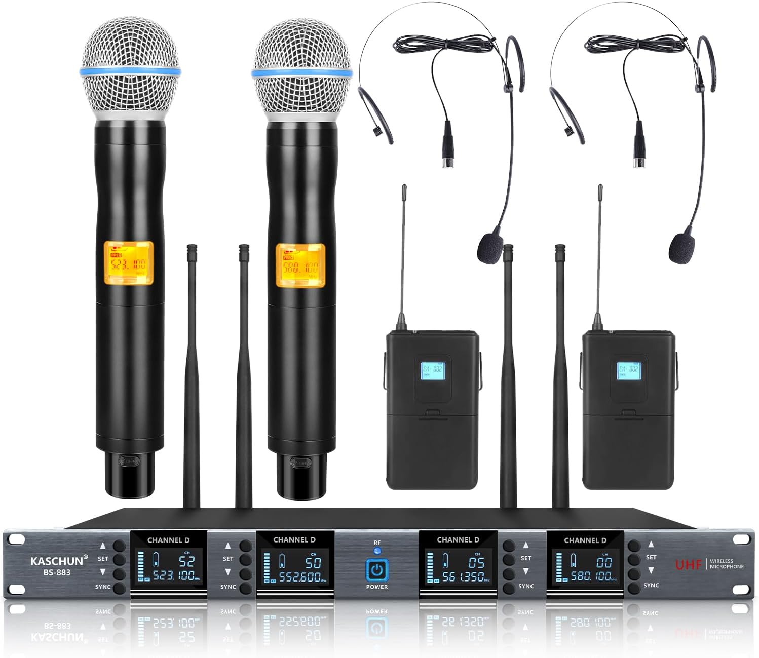 Wireless Microphone System 4 Channel with 4x100 UHF Frequencies,328ft Range,Auto Scan,Cordless Handheld Headset Lavalier Lapel Microphone for Singing, Church, Karaoke