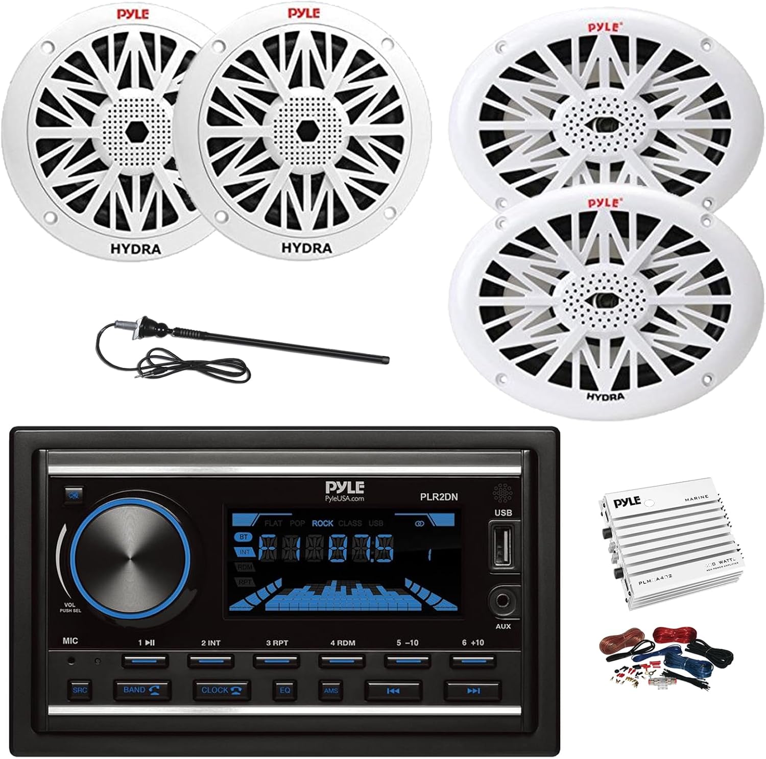 Pyle PLR2DN Double DIN AM/FM/MP3/USB/AUX Bluetooth Car Receiver, 4-Channel Amplifier w/Kit, 2x 6.5