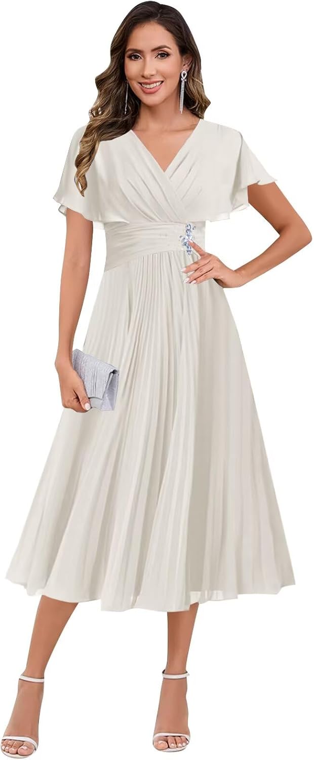 BANTRATIC Tea Length Mother of The Bride Dresses for Wedding Cap Sleeve Chiffon V Neck Pleated Formal Prom Cocktail Gown