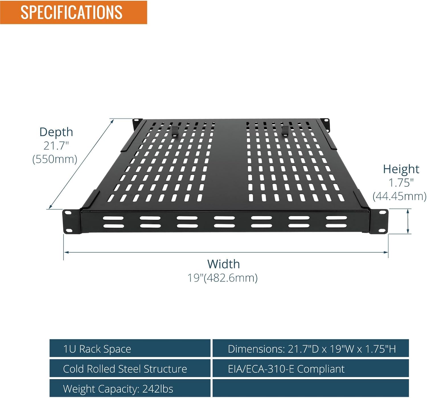 Tecmojo 1U 4-Post Vented Server Rack Mount Shelf,21.7in Deep with Adjustable Depth 13.5-31.8 Inch,Supports to 242 lbs,Universal Tray for 19 Inch AV/Network Equipment Rack,Black