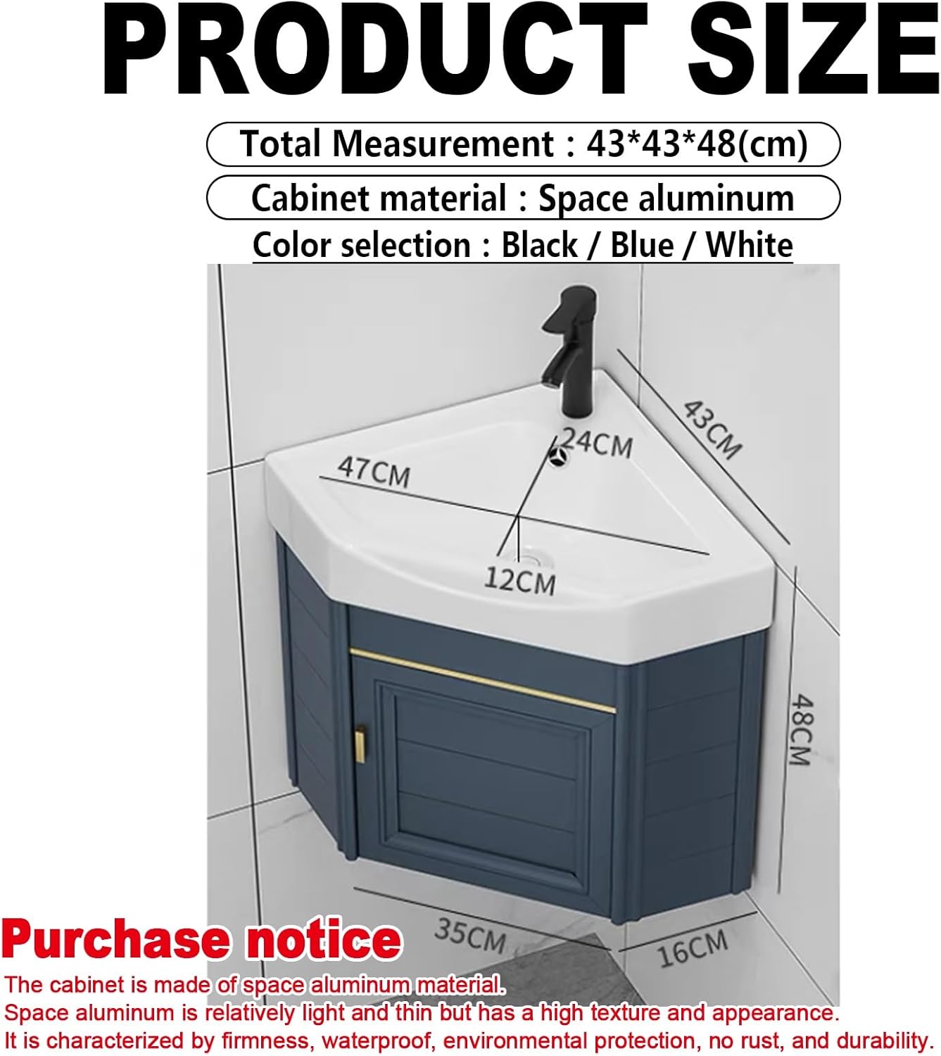 Ceramic wall mount corner bathroom vanity cabinets,for Small Space Cabinet Set Design,Bathroom Cabinet with Faucet and Drain,for Home Kitchen Patio Laundry Room. ( Color : Black , Size : 43*43cm )