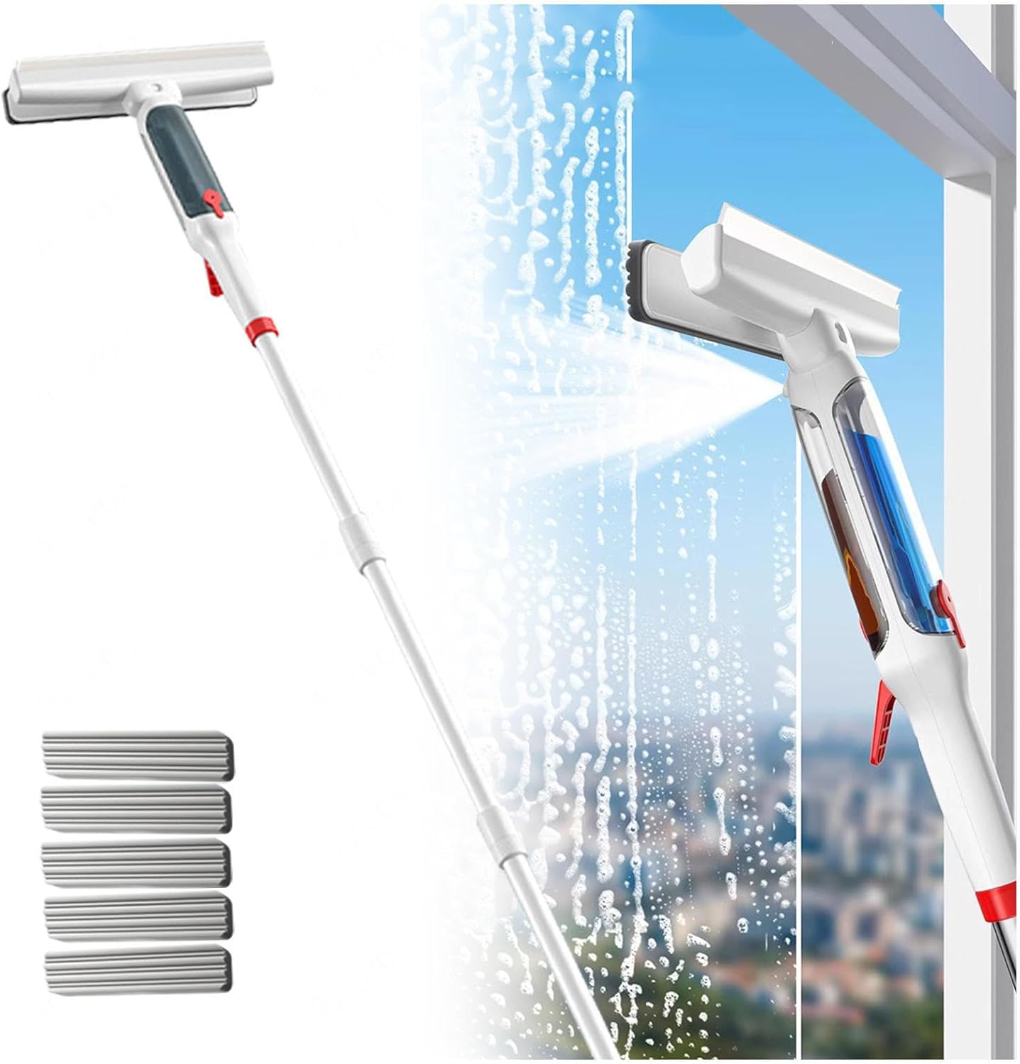 75'' Spray Window Washing Kit with 4-Section Extension Pole, 4 in 1 Window Washer Window Washer with Sewage Collector and 5 Pads