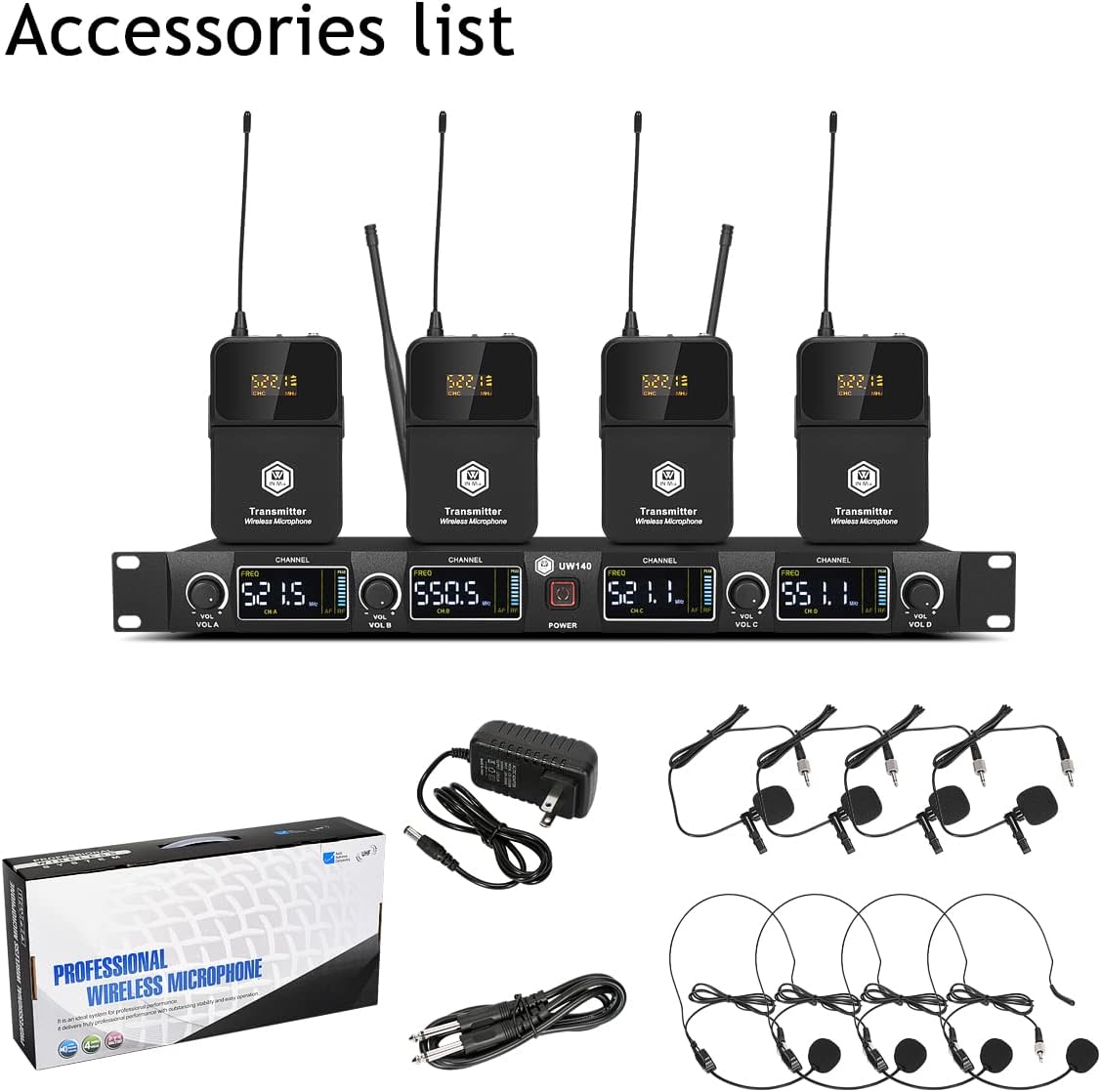 W IN-MIX UHF 4 Channel Wireless Microphone System with Cordless Handheld Lavalier Headset Mics, Adjustable Frequency, Long Range 260ft, Ideal for Church,Karaoke,Weddings, Events