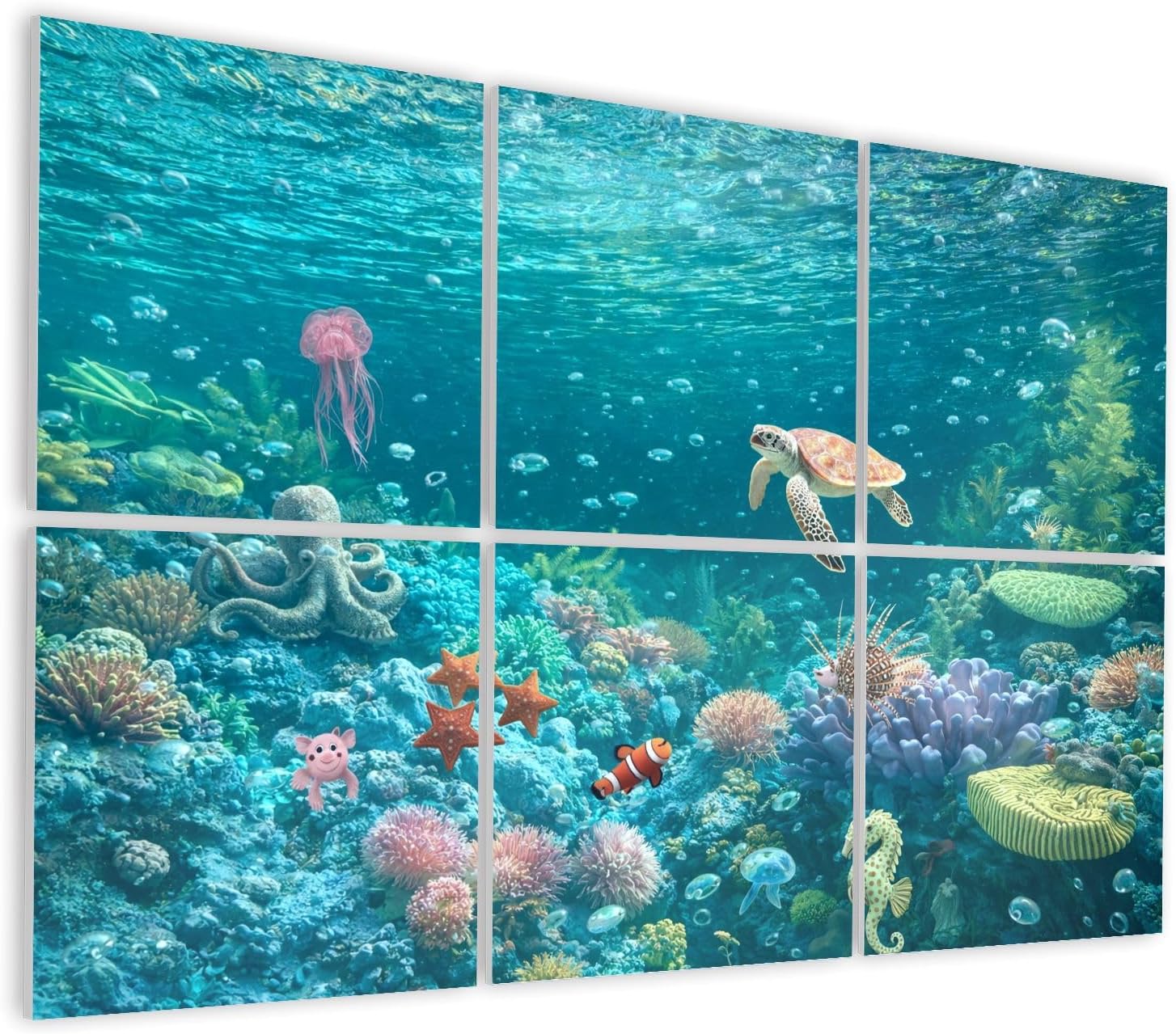 6 Pack Art Acoustic Panels Self Adhesive Underwater Coral Sea Turtle Clownfish Octopus Jellyfish Decorative Soundproof Wall Panels Sound Absorbing Panel 48