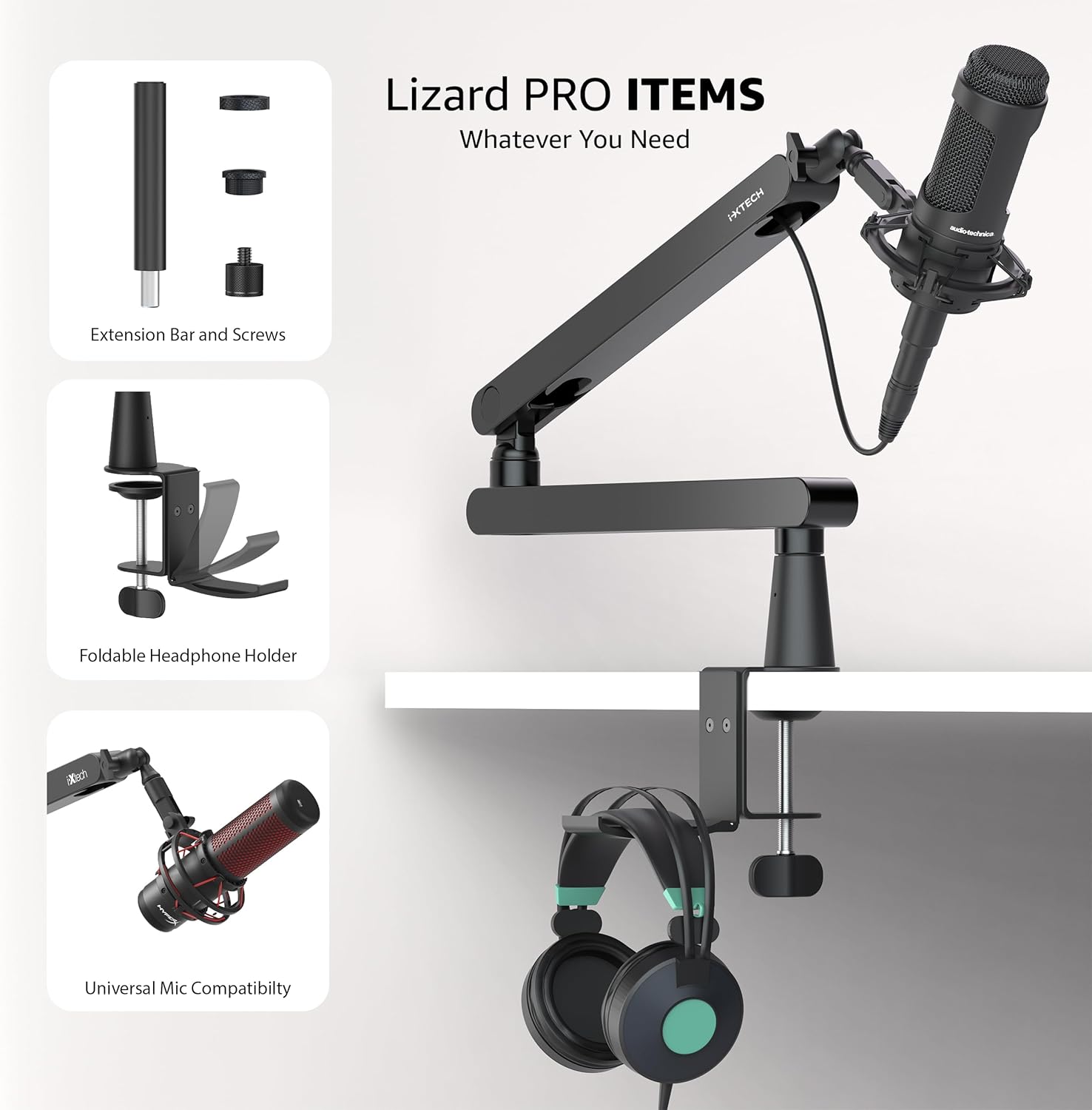 IXTECH Mic Boom Arm Stand LP Microphone Stand Low Profile Microphone Arm Adjustable for Blue Yeti Shure Sm7b Hyperx QuadCast Rode Fifine and At2020 360° Mic Arm for Gaming Podcasting.