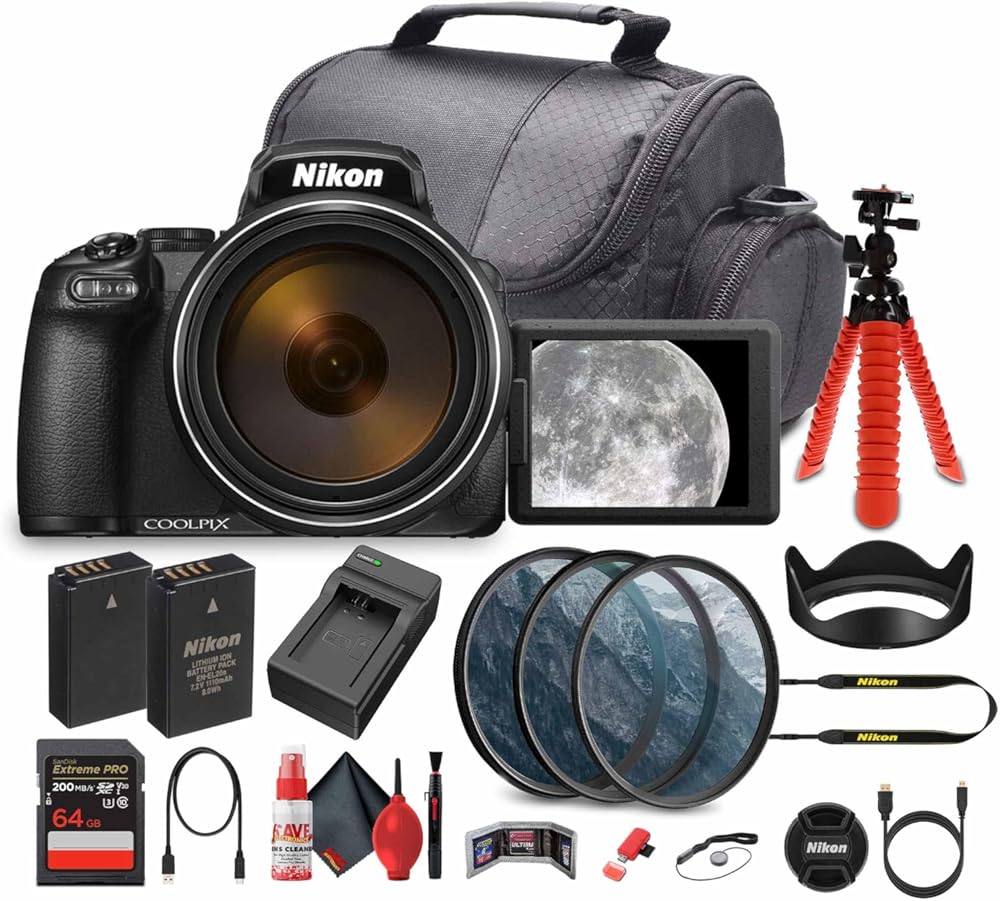 Nikon COOLPIX P1100 125x Super Zoom Compact Digital Camera (26541) + 64GB Memory Card + Lens Filter Kit + Camera Bag + EN-EL20 Battery + Charger + Flexible Tripod + Cleaning Kit + More (Renewed)