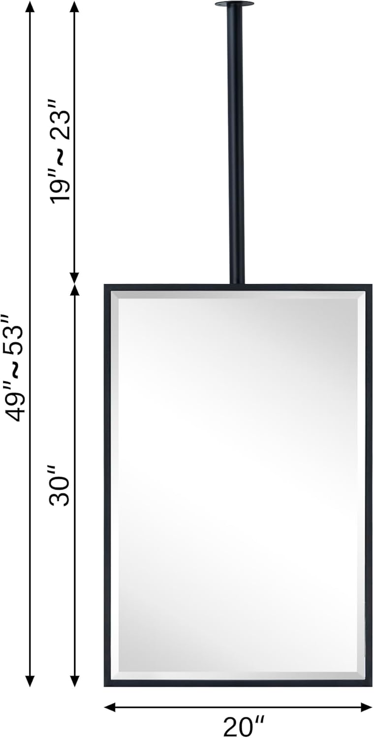 TEHOME Ceiling Mount Mirrors for bathrooms Suspend Black Metal Framed Rectangle ceil Mount Mirror for a Window Vanity with Adjustable Hanging Rod, Mirror Measures 20x30''
