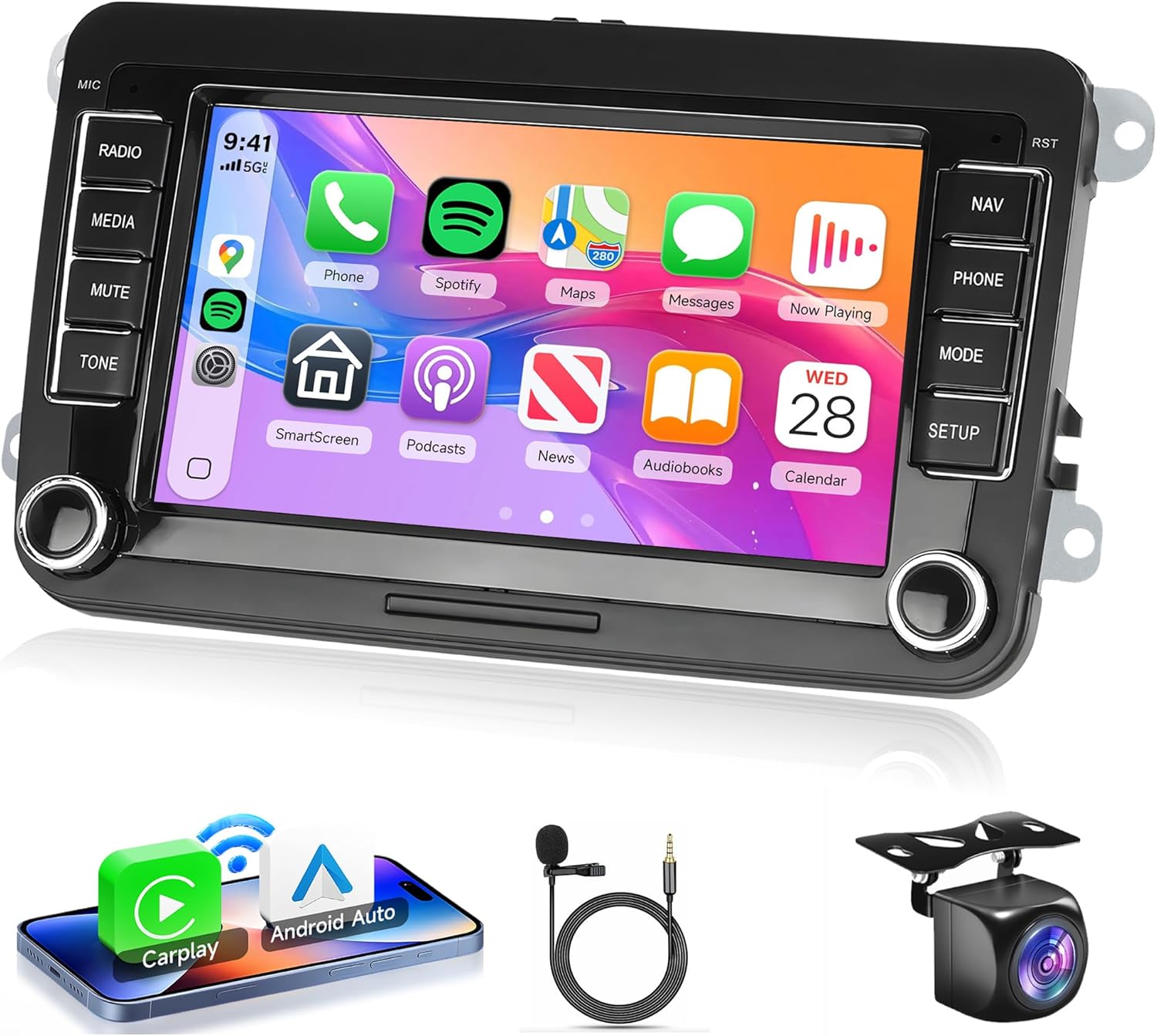 Rimoody 4G+64G Wireless CarPlay Radio for VW Passat Jetta Tiguan Golf MK5 MK6 T5 EOS Polo, Android 13 Car Stereo 7 Inch Touch Screen Android Auto GPS Navigation WiFi Bluetooth FM SWC Backup Camera