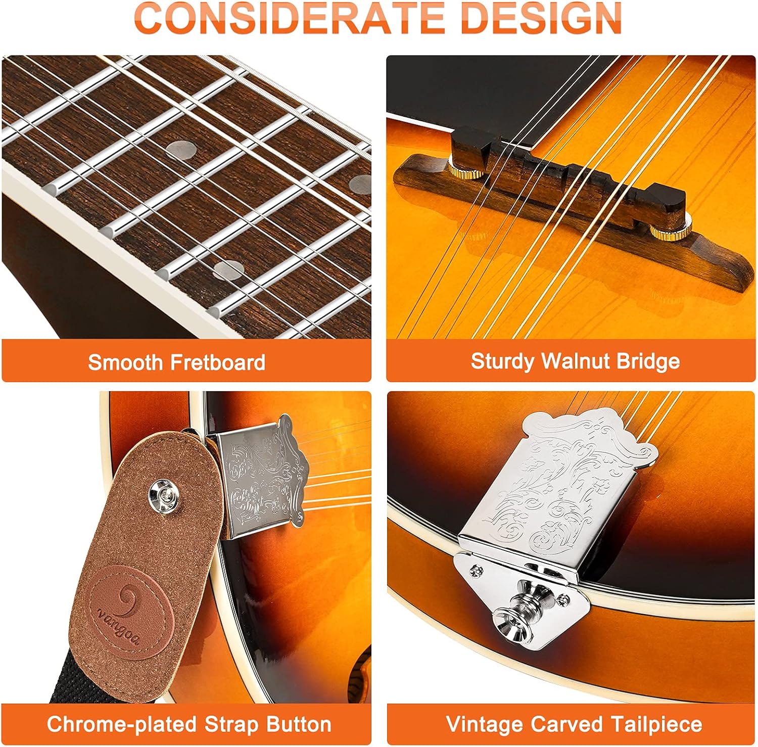 Vangoa LEFT-HANDED Mandolin Musical Instrument, Acoustic 8 String Mandolin A Style for Left Hand Beginners, Sunburst