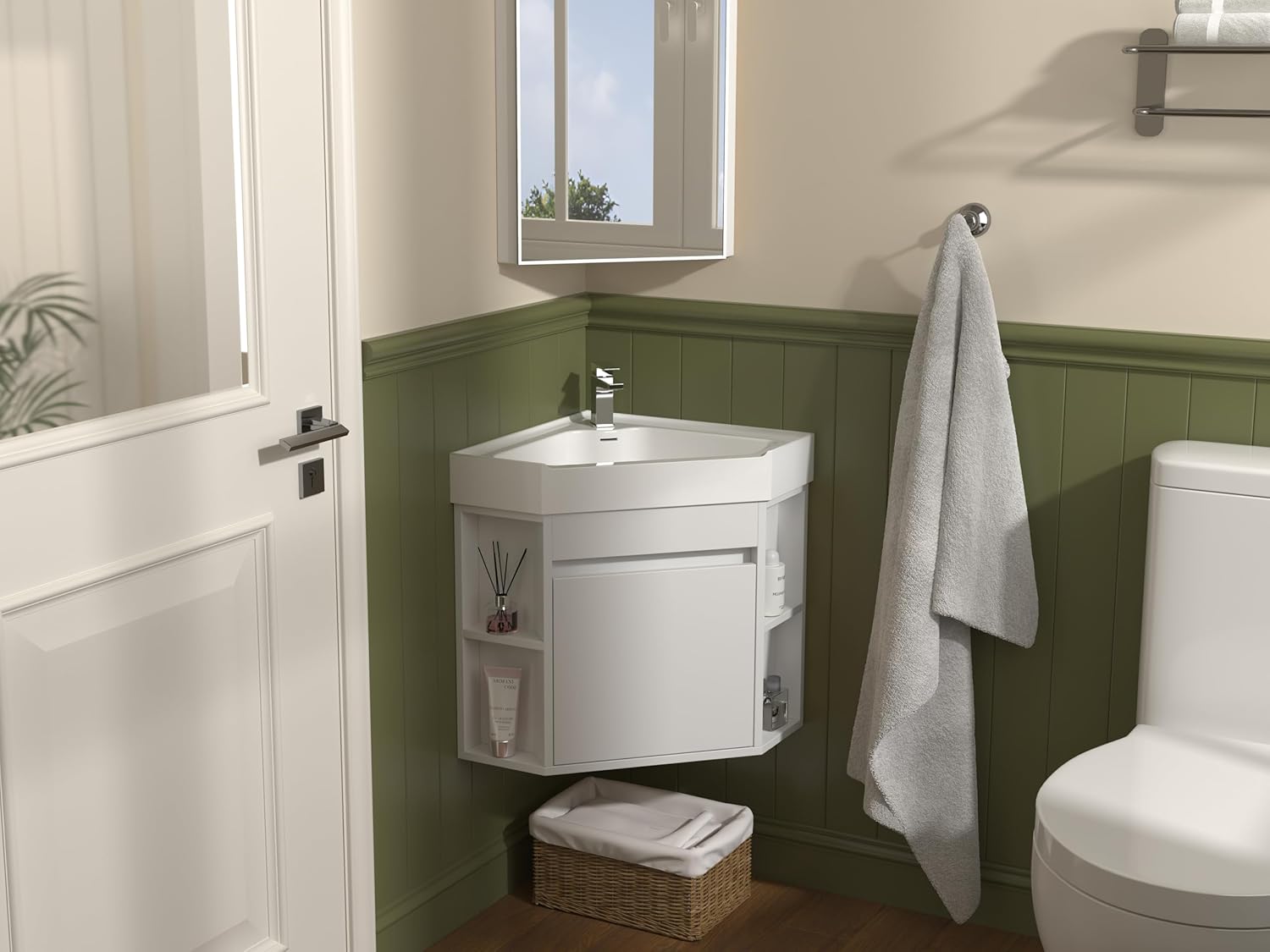 Tennant Brand 18 Inch Wall Mount Corner Bathroom Vanity with Matte Solid Surface (White)