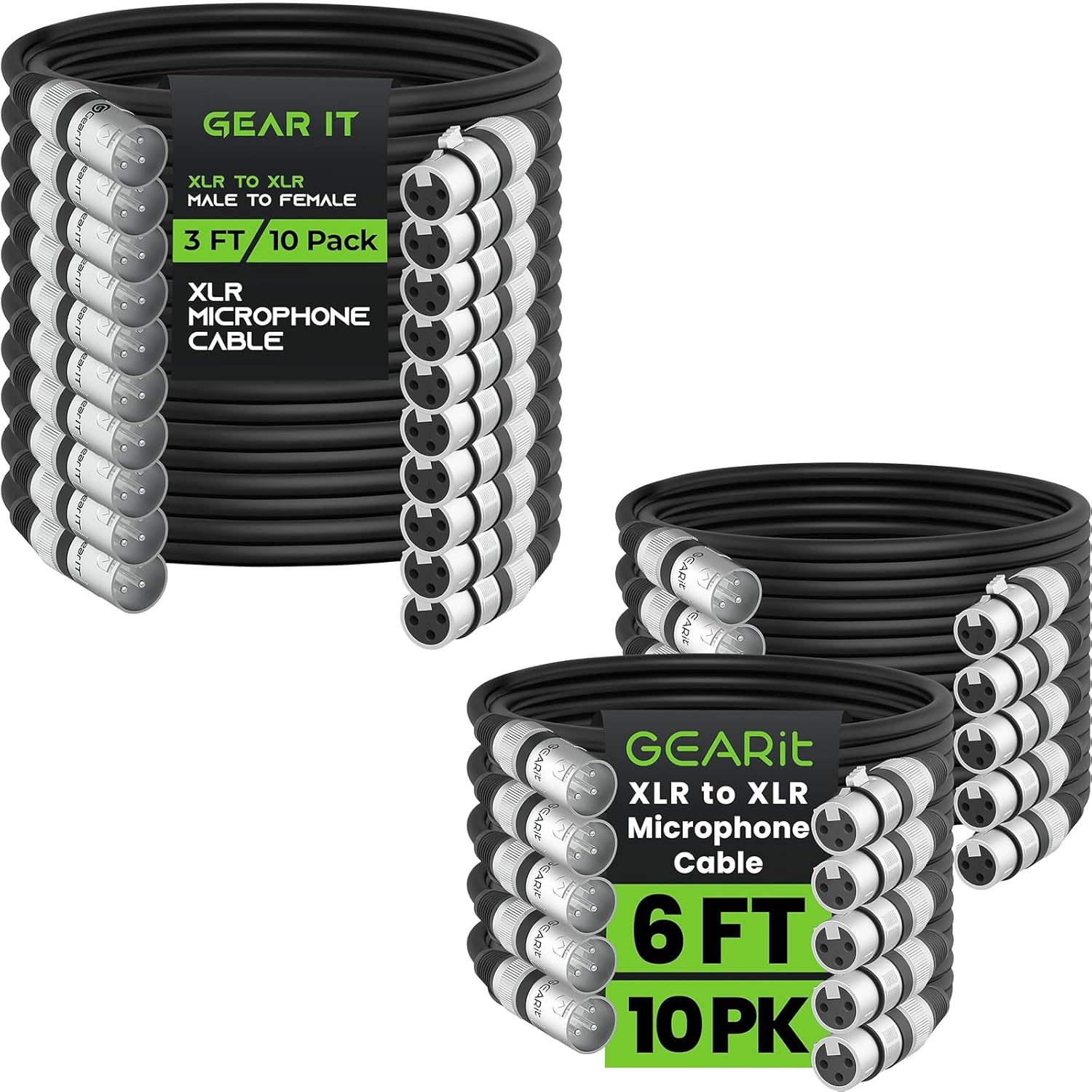 GEARit XLR Cable (3 ft 10 Pack) Bundle (6 ft 10 Pack), Male to Female Microphone Cable 3-Pin Balanced Shielded Mixer, Recording Studio, Podcast