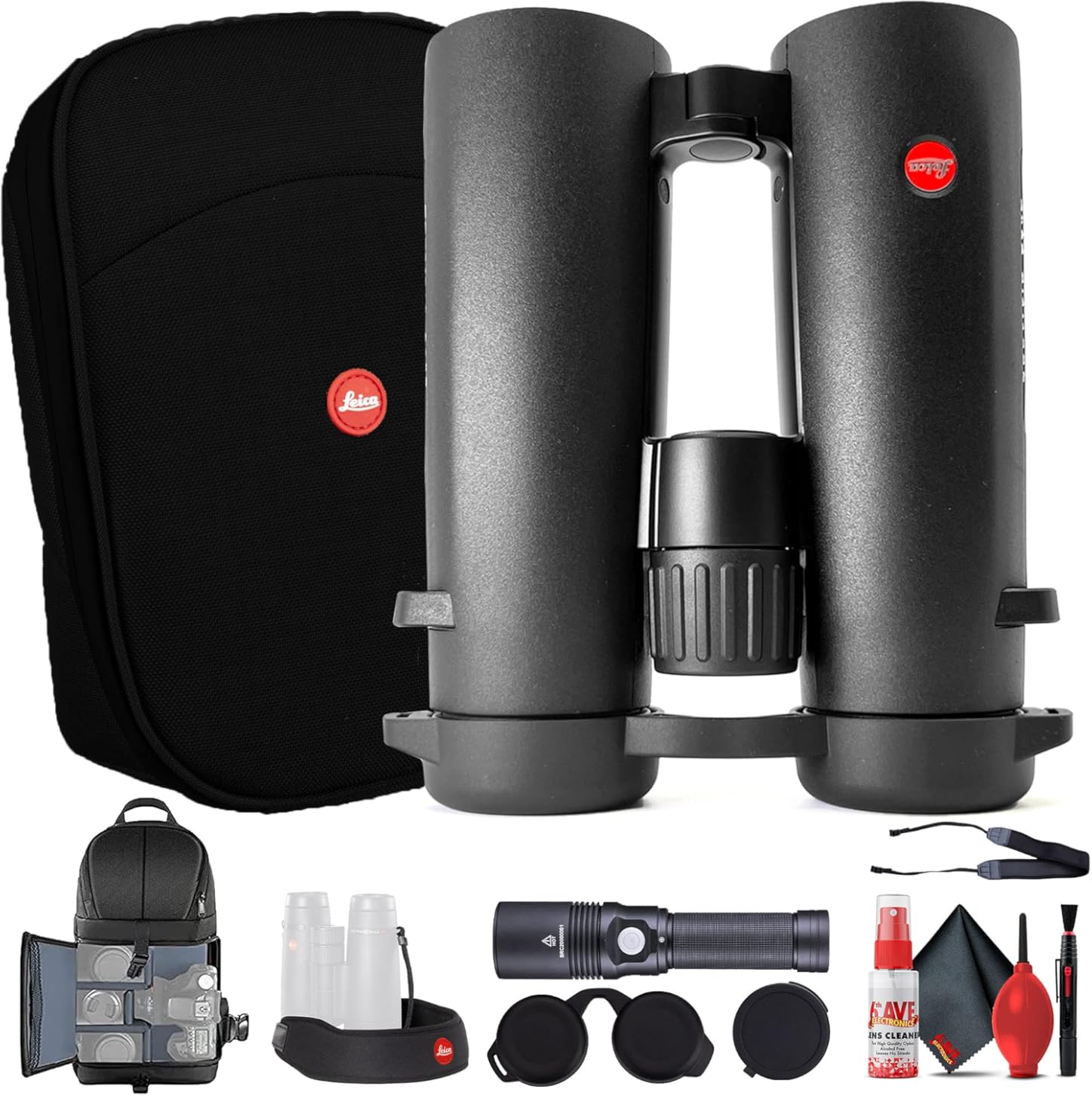 Leica 8x42 Noctivid Water Proof Roof Prism Binocular with 7.7 Degree Angle of View - Black (40384) with Deluxe Padded Backpack + Flashlight + Neck Strap + Lens Cap Keeper + Cleaning Kit