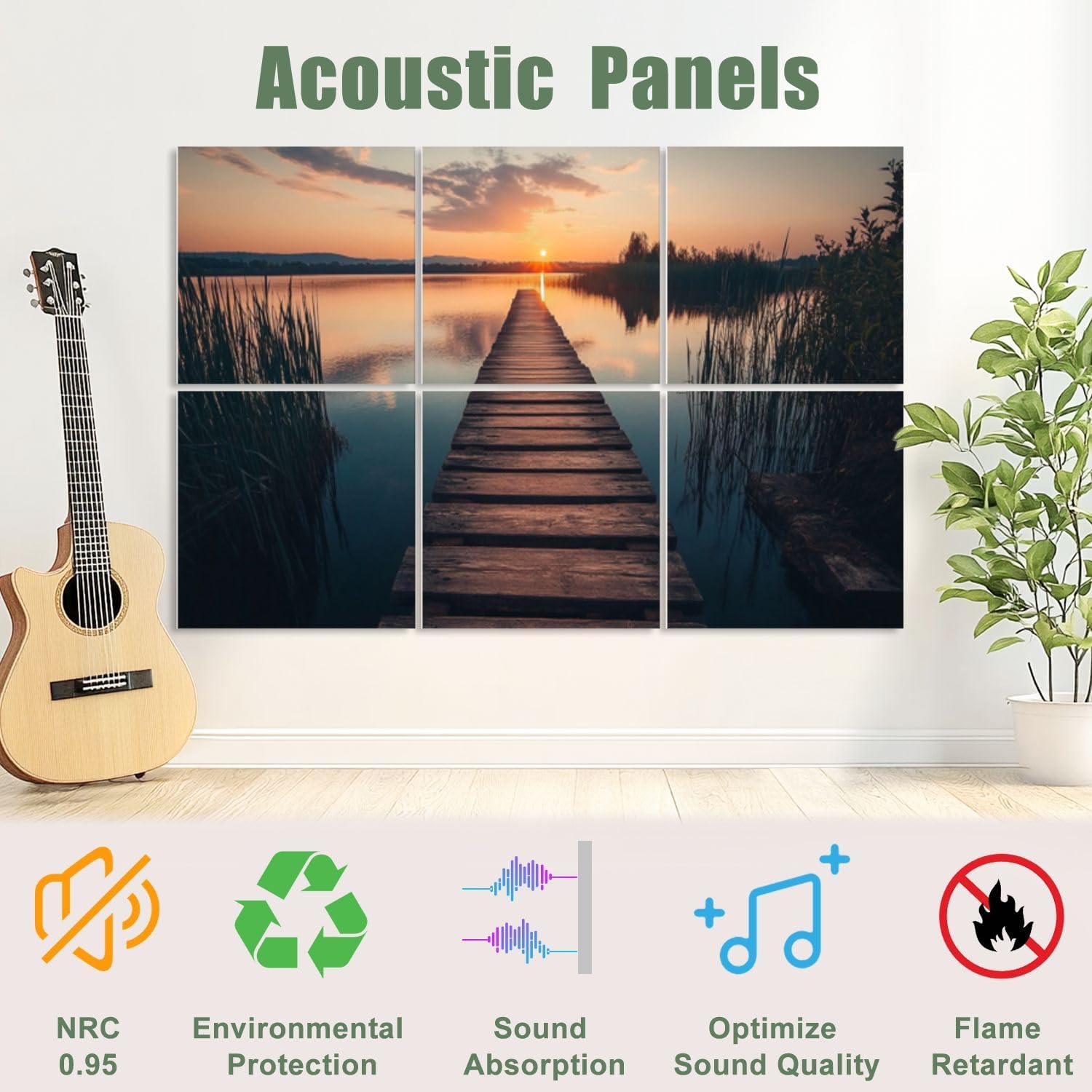 6 Pack Art Acoustic Panels Sound Absorbing Sunset Landscape Boardwalk Stair Heavy Sunset Lake Rustic Wood Wooden Decorative Soundproof Wall Panels Self Adhesive for Recording Studios Office 72