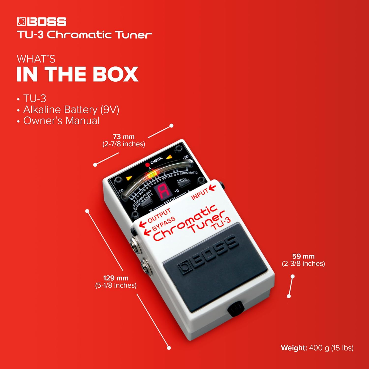 BOSS TU-3 Chromatic Floor Tuner for Guitar and Bass | Industry-Standard Performance | Tank-Tough BOSS Stompbox Body | 21-Segment LED Meter | Accurate to +/- One Cent | Accu-Pitch Sign Function