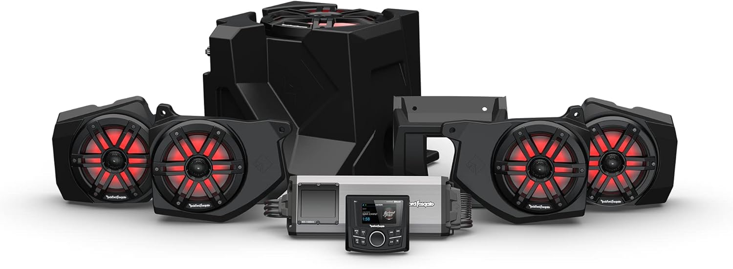 Rockford Fosgate RNGR18-STG4 Audio Kit: PMX-2 Receiver, 1500-Watt Amp, M1 Series Color Optix Multicolor LED Lighted Front & Rear Speakers Plus Subwoofer for Select Polaris Ranger Models (2018-2022)