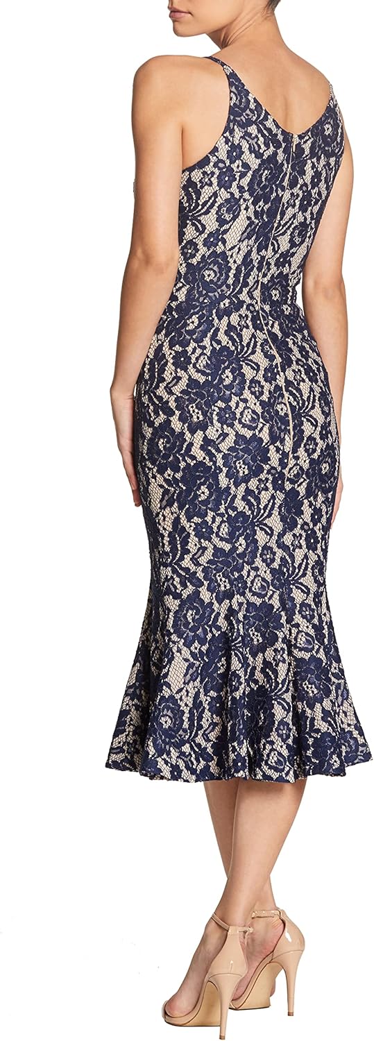 Dress the Population Women's Isabelle Plunging Spaghetti Strap Mermaid Fitted Midi Dress