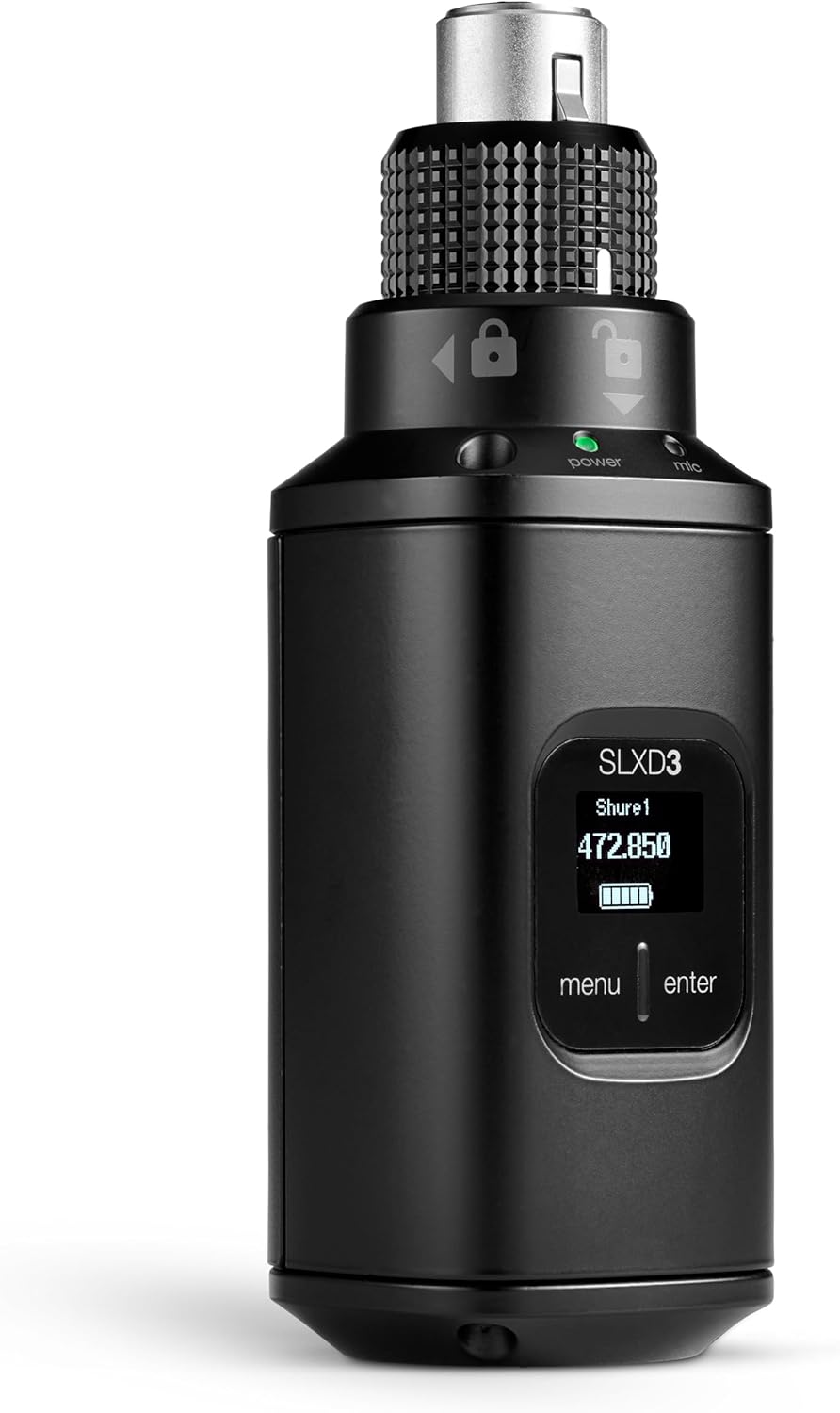 Shure SLXD3 Plug-On Digital Wireless Transmitter - Convert XLR Microphones to SLX-D Wireless, Secure Connection, 24-bit Audio, IR Sync - Includes Batteries & Carrying Pouch | G58 Band (SLXD3=-G58)