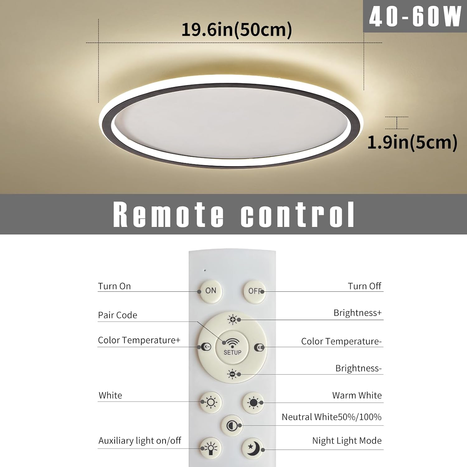 19.68 Inch Flush Mount Ceiling Light, 40-60W Round LED Ceiling Light Fixtures, Thin Modern Ceiling Lamp, Close to Ceiling Lights for Bedroom, Kitchen, Living Room, 3 Color Temperature Selectable