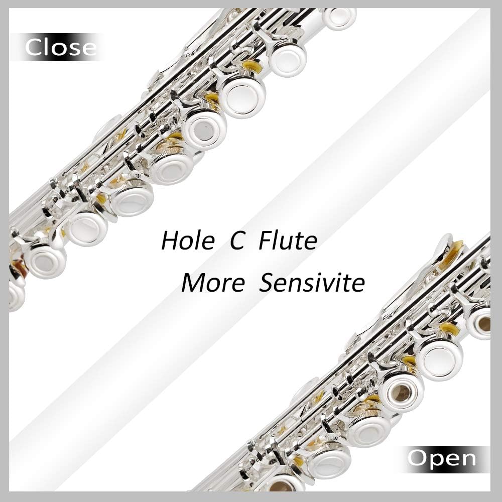 EASTROCK Open Hole Flutes C 16 Keys Silver Plated Flute Instrument for Beginner Kids Student with Carrying Case,Stand,Cleaning kit,Gloves,Tuning Rod(Open/Closed Hole,Silver Plated)