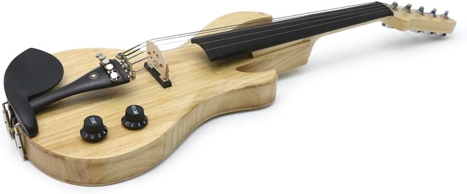 Electric Violin 4/4 Full Size Solid Wood Guitar Shape Body Silent Violin Set for Adults Beginner Practice Electric Fiddle with Ebony Fittings Hard Case & Bow (5 Strings log Color Big Jack)
