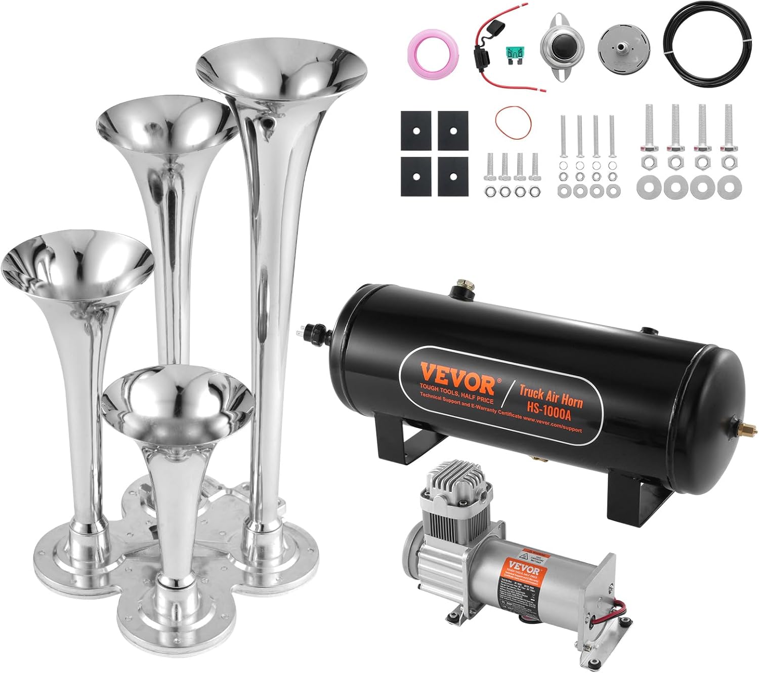 VEVOR Train Horns Kit, 4 Trumpet Air Horn Kit, 150dB Train Horns for Pickup Trucks, 12V 160 psi Air Compressor 2.6 Gal/10 L Tank with Gauge for Any 12V Vehicle Car Truck Train Van Boat