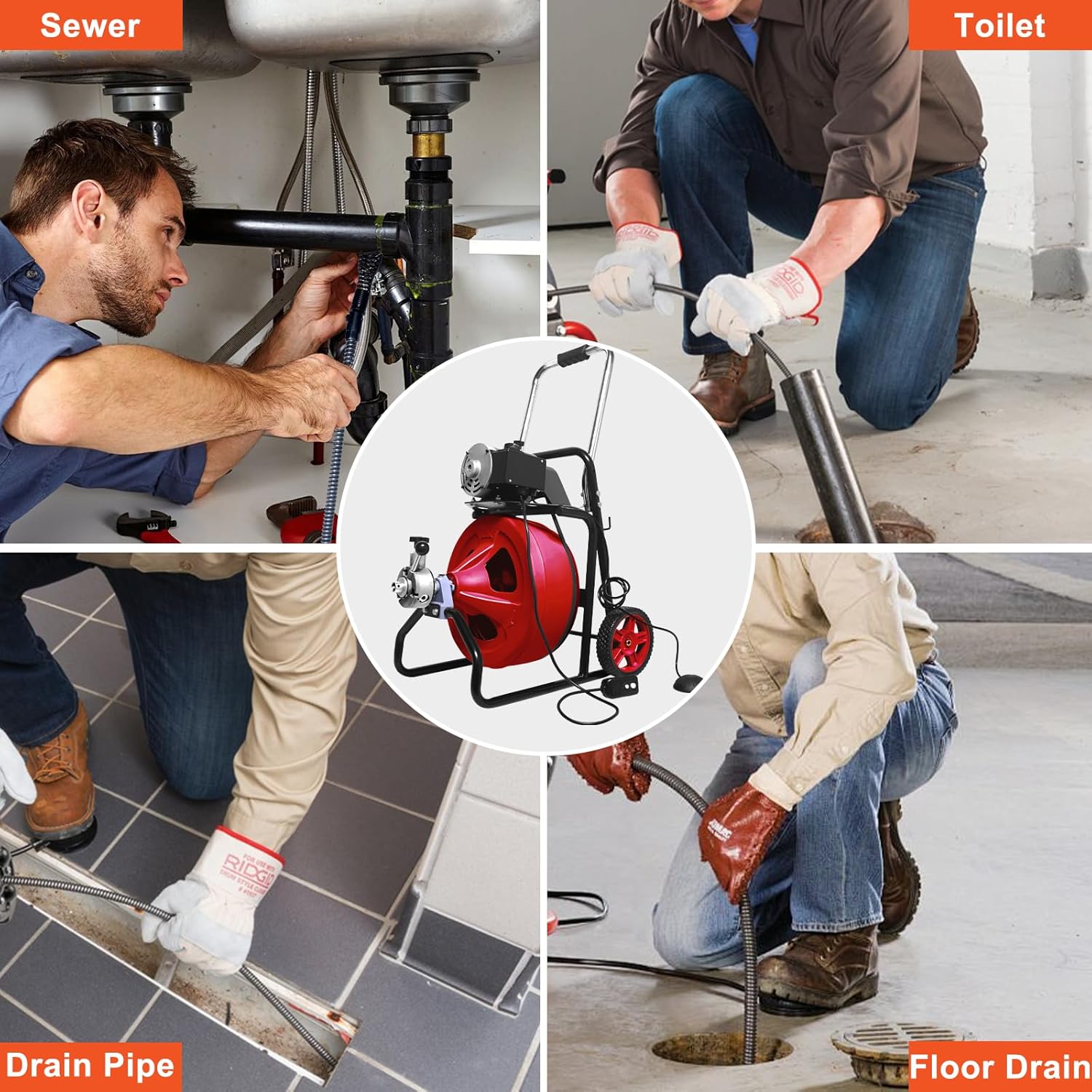 Drain Auger Cleaner 50 FT x 3/8 Inch, Sewer Snake Auto Feed, Drain Cleaning Machine with 8 Cutter & Air-Activated Foot Switch for 1