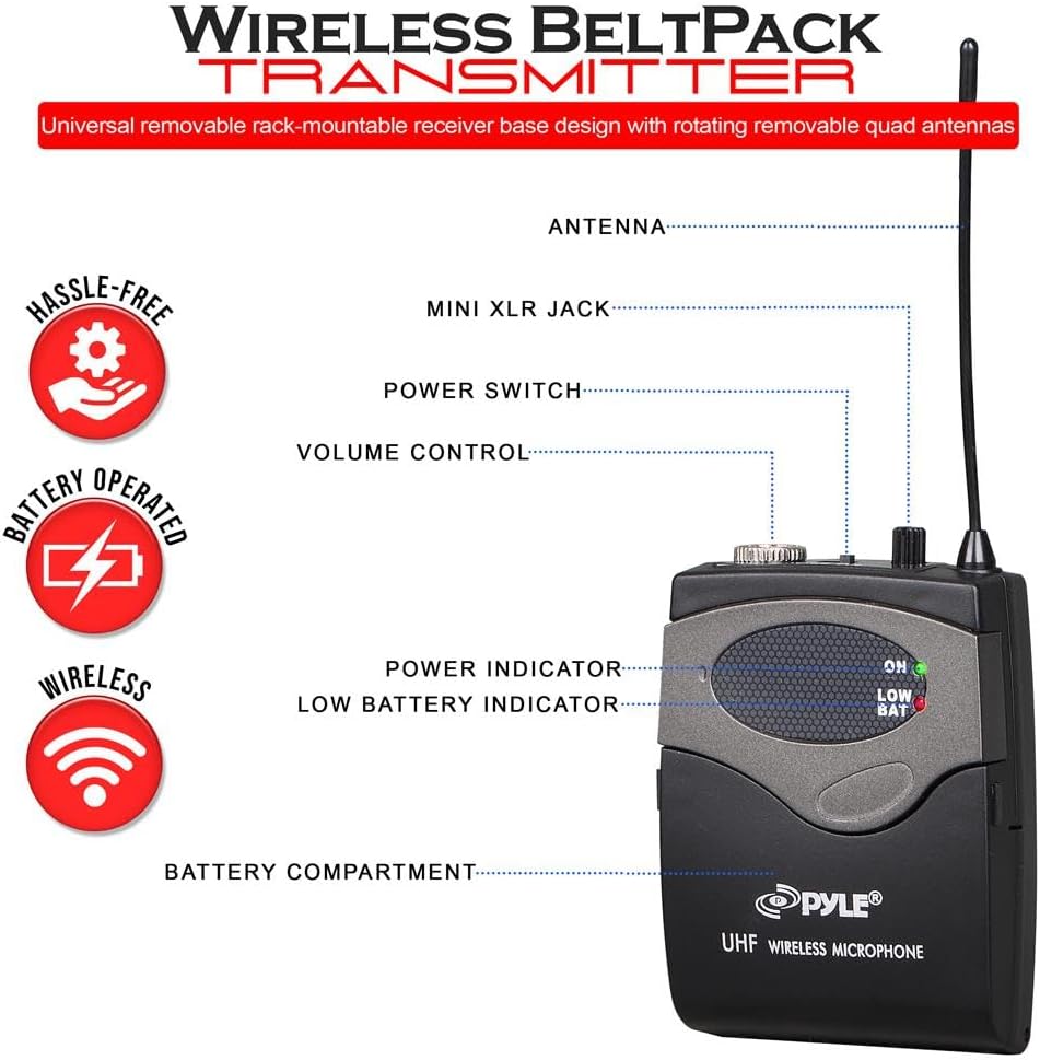 Pyle 8 Ch UHF Wireless Microphone System & Rack Mountable Base 4 Handheld MICS 4 Headsets, 4 Belt Packs, 4 Lavelier/Lapel MIC with Independent Volume Controls AF & RF Signal Indicators (PDWM8350)