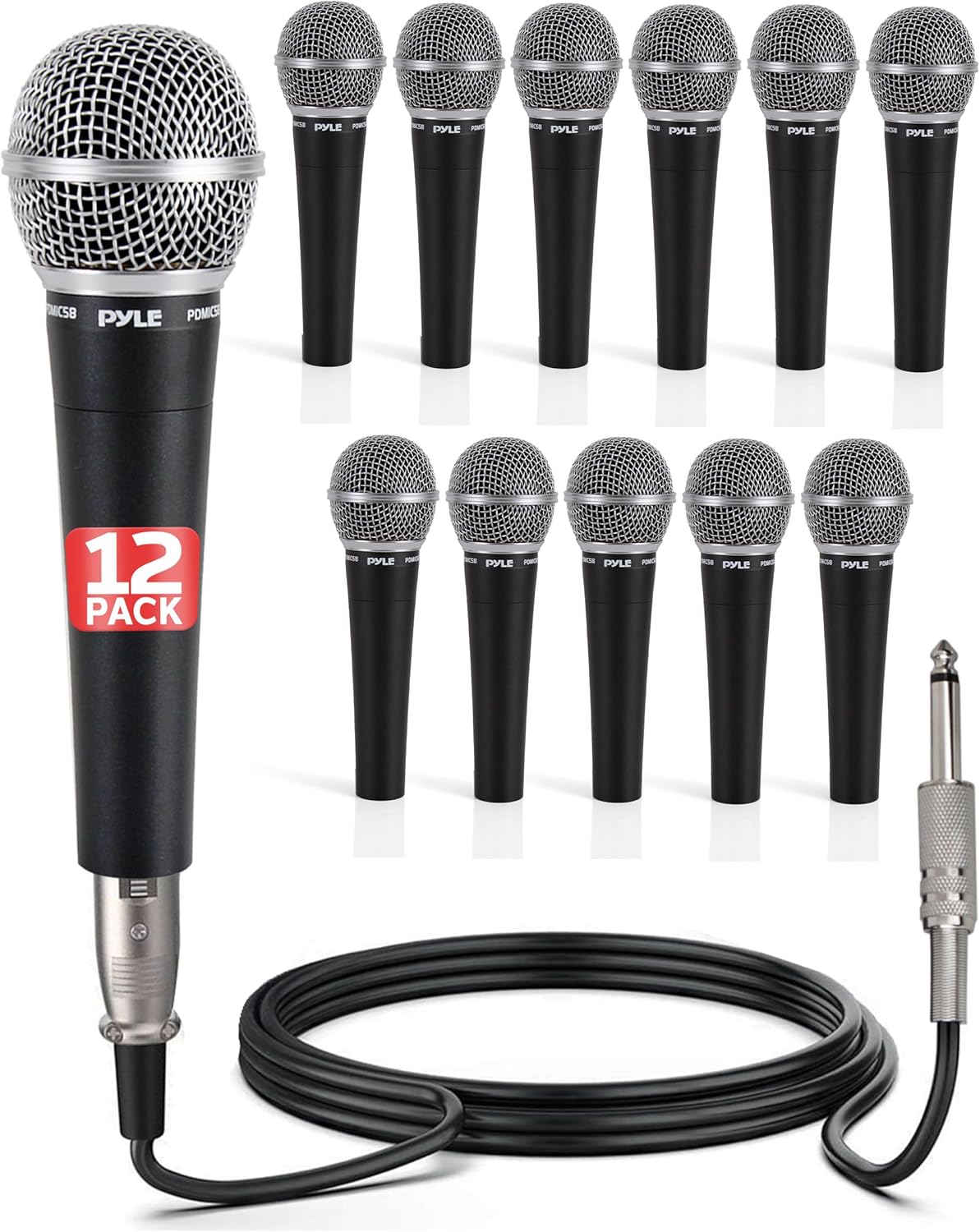 Pyle Professional Dynamic Microphone - 12-Pack Unidirectional Handheld Mic with Built-in Pop Filter, High Signal Output, 15 ft. XLR Audio Cable, Ideal for Stage, Karaoke & Studio Performances