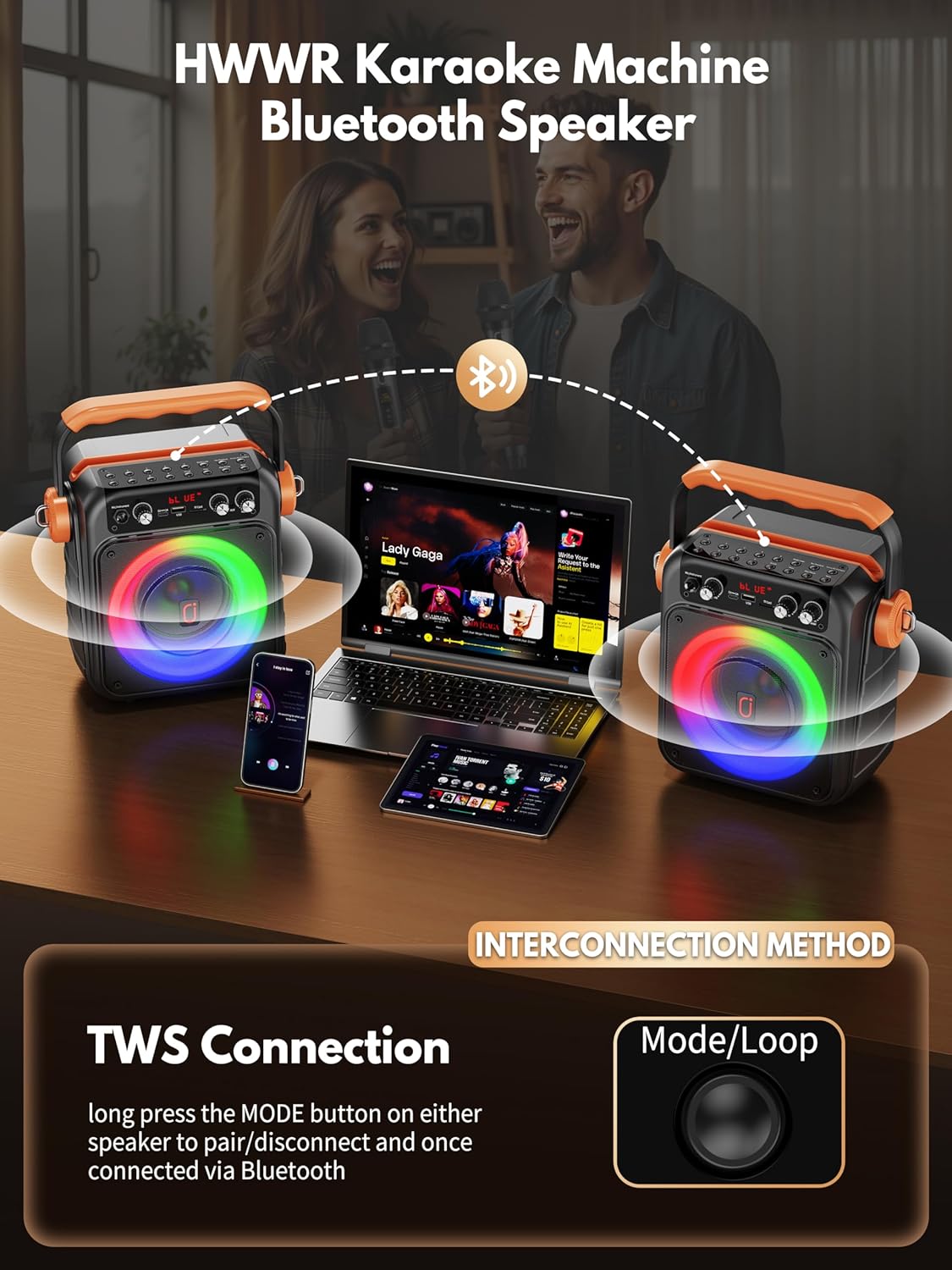 Karaoke Machine with 2 Wireless Microphones: HWWR Portable Karaoke Bluetooth 5.3 Light Speaker, PA System Home Party with Subwoofer, Disco Lights, Supports TV/REC/FM/AUX/USB/TF for Gifts Adult Kids