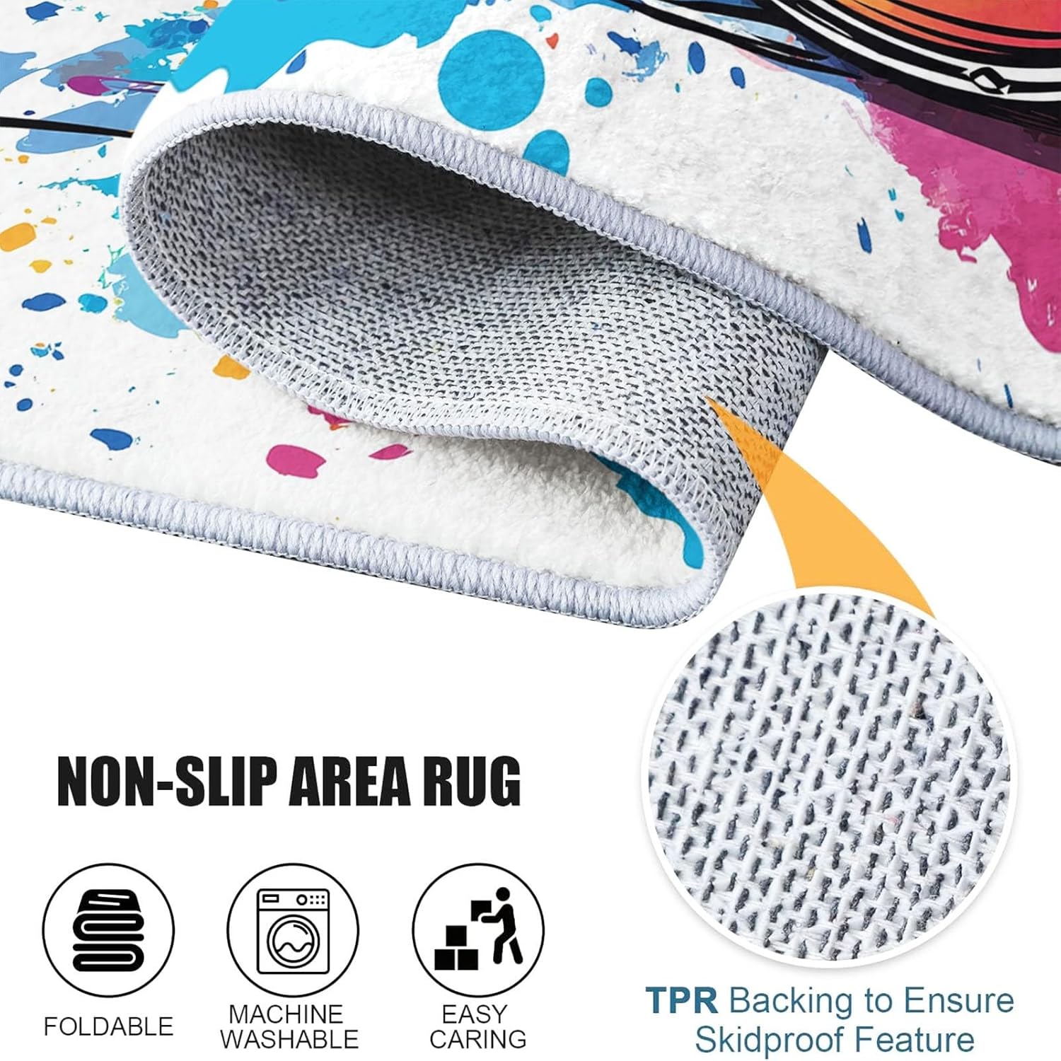 Music Drum Set Area Rug for Living Room, 8 X 10 Ft Machine Washable Area Rug Non-Slip Stain Resistant Carpet, Low-Pile Indoor Floor Carpet for Bedroom Office Dining Home Decor, Graffiti
