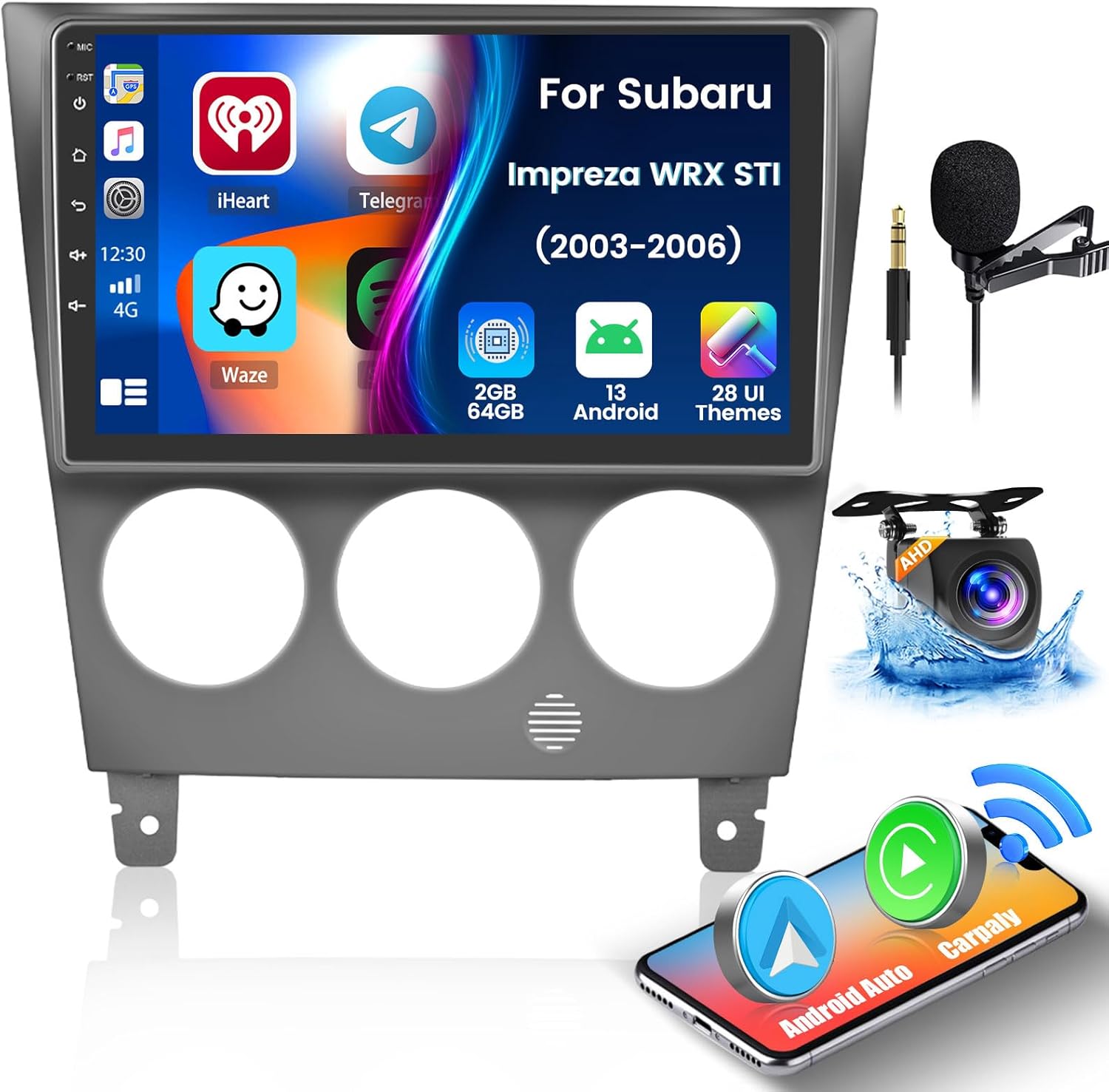 for Subaru Impreza WRX STI 2003-2006【2+64GB】 Android 13 Carplay Stereo with Wireless Carplay Android Auto, 9'' Touch Screen Car Radio, GPS WiFi Bluetooth SWC FM EQ Mic Backup Camera