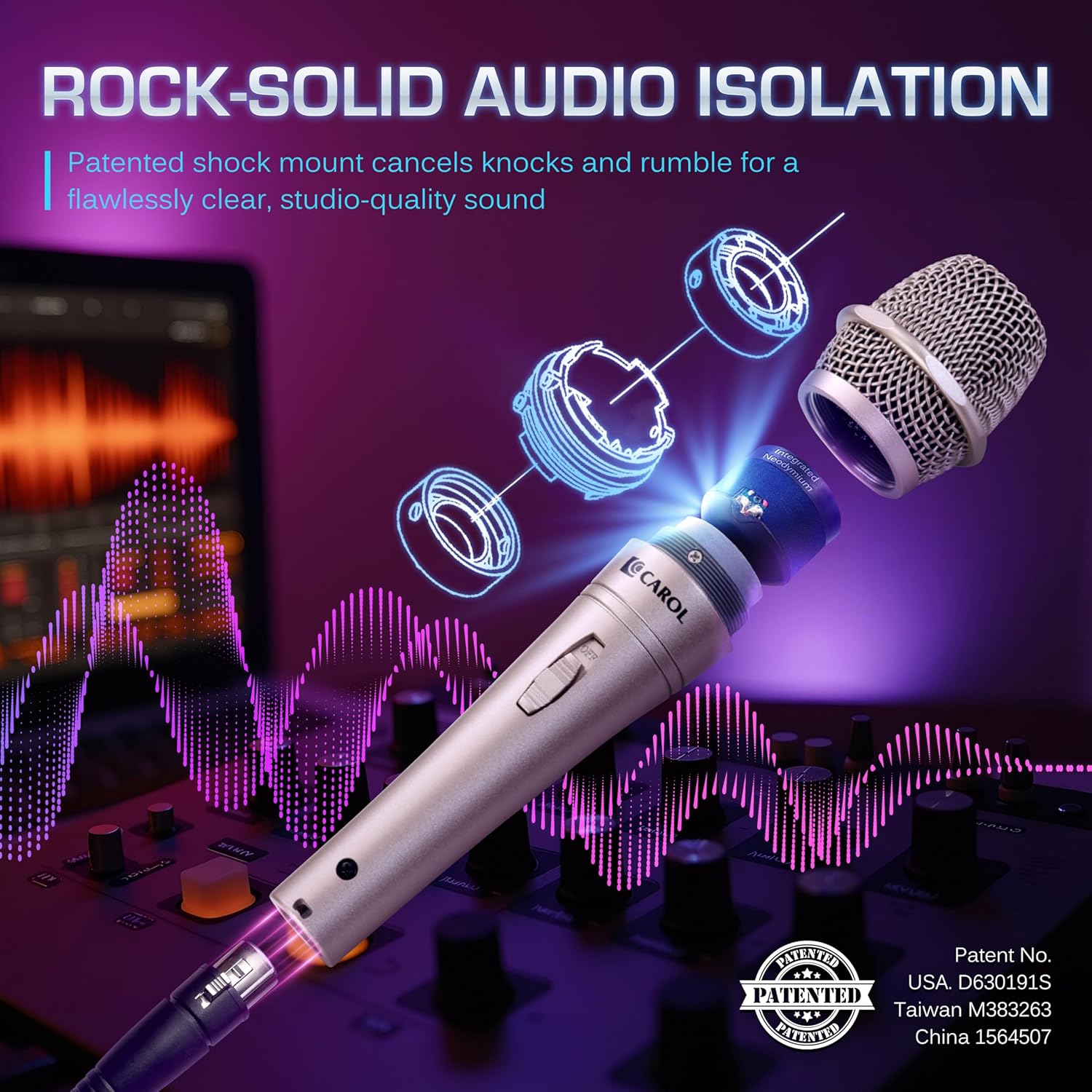 CAROL E dur-916S Golden XLR Wired Vocal Microphone for Singing – Dynamic Supercardioid Mic with Dual Shock Mount System for Karaoke, Stage & Public Speaking, Includes Mic, 14.8ft XLR Cable & Switch