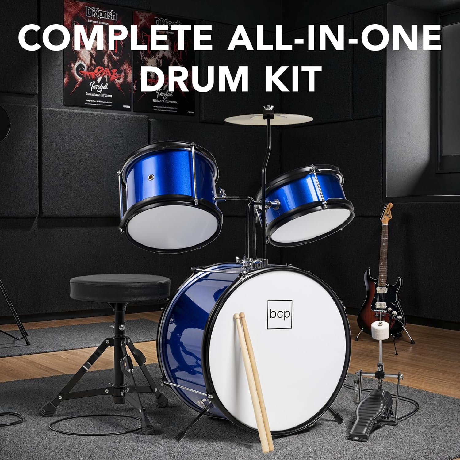 Best Choice Products 3-Piece Beginner Drum Set for Kids Juniors, w/Throne Stool, Cymbal, Drum Sticks, Bass Drum Pedal, 2 Toms - Blue