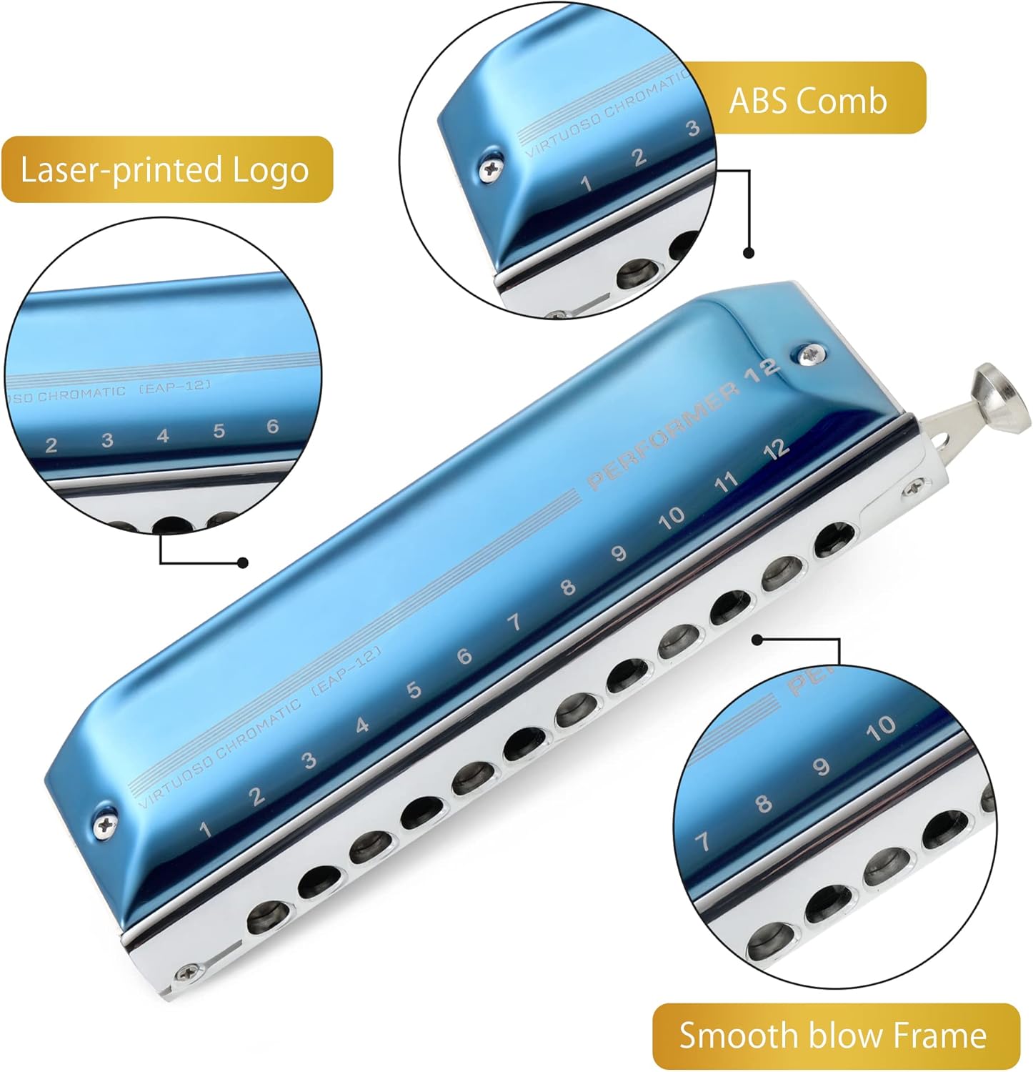 East top Chromatic Harmonica, 12-Hole 48-Tone Key of C, ABS Comb, Phosphor Bronze Reed, Blue Cover (EAP-12)