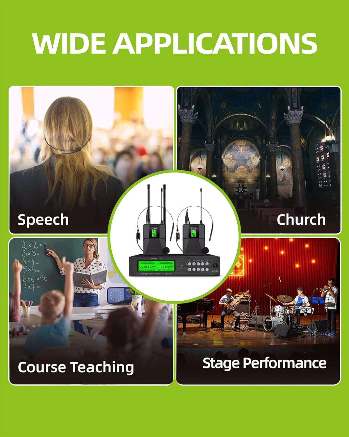 Kimyah Wireless Lavalier and Headset Microphone System,Dual UHF Cordless Bodypack Mics, 2 Lavalier and 2 Headset Microphones, 328ft Range,Ideal for Church and Teaching, Lecture(KY-6208)