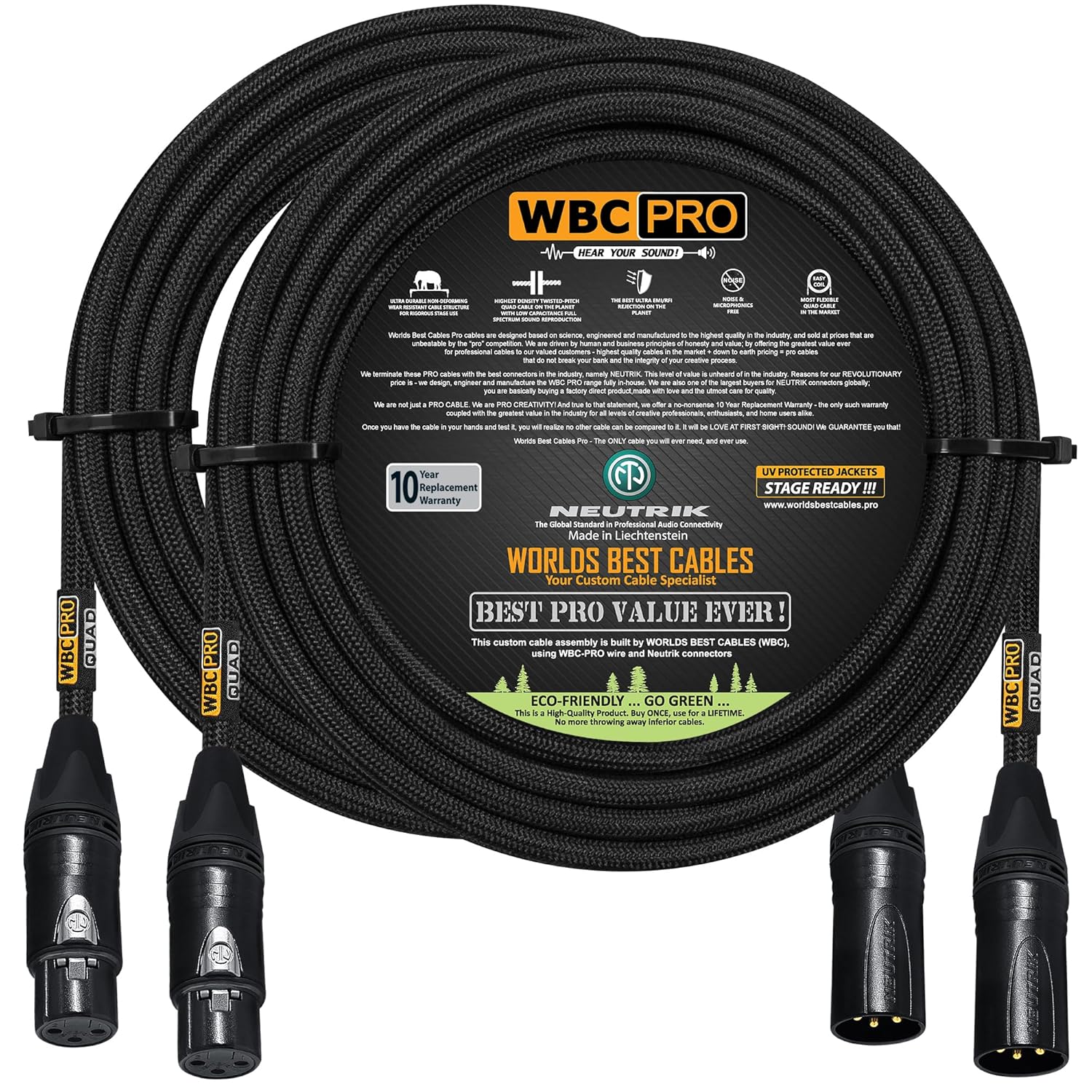 2 Units - 200 Foot - WBC-PRO-Quad Ultra-Silent Ultra-Flexible Balanced Star-Quad Cable with Neutrik Male & Female XLR Plugs & Black Tweed Jacket