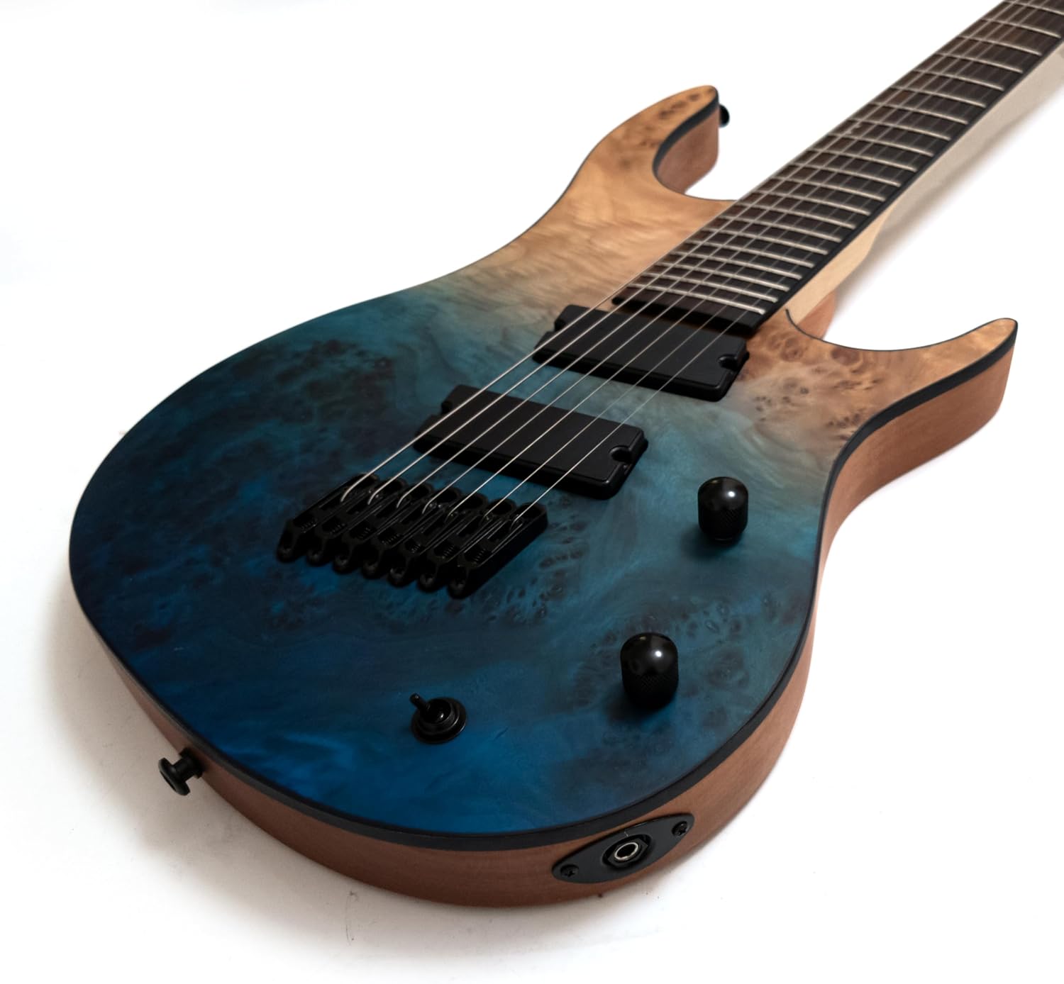 7-String Solid Body Electric Guitar, Ceramic Humbucker Pickups, Fanned Fret Design, Roasted Maple Neck, Ocean Fade Poplar Burl Top, Stainless Steel Frets