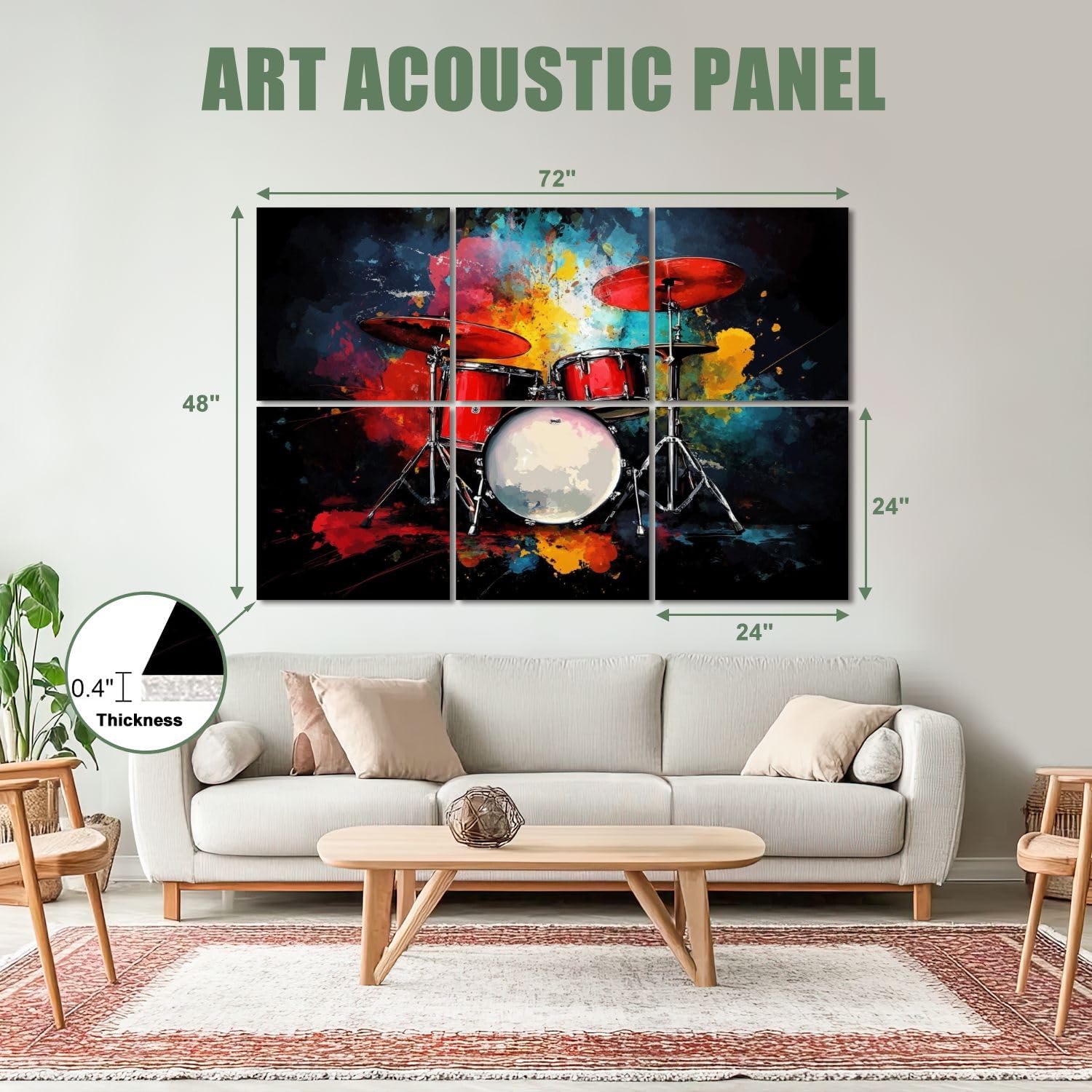 6 Pack Art Acoustic Panels Sound Absorbing Music Abstract Drum Set Splash Colors Red Drums Dynamic Musical Decorative Soundproof Wall Panels Self Adhesive for Recording Studios Office 72